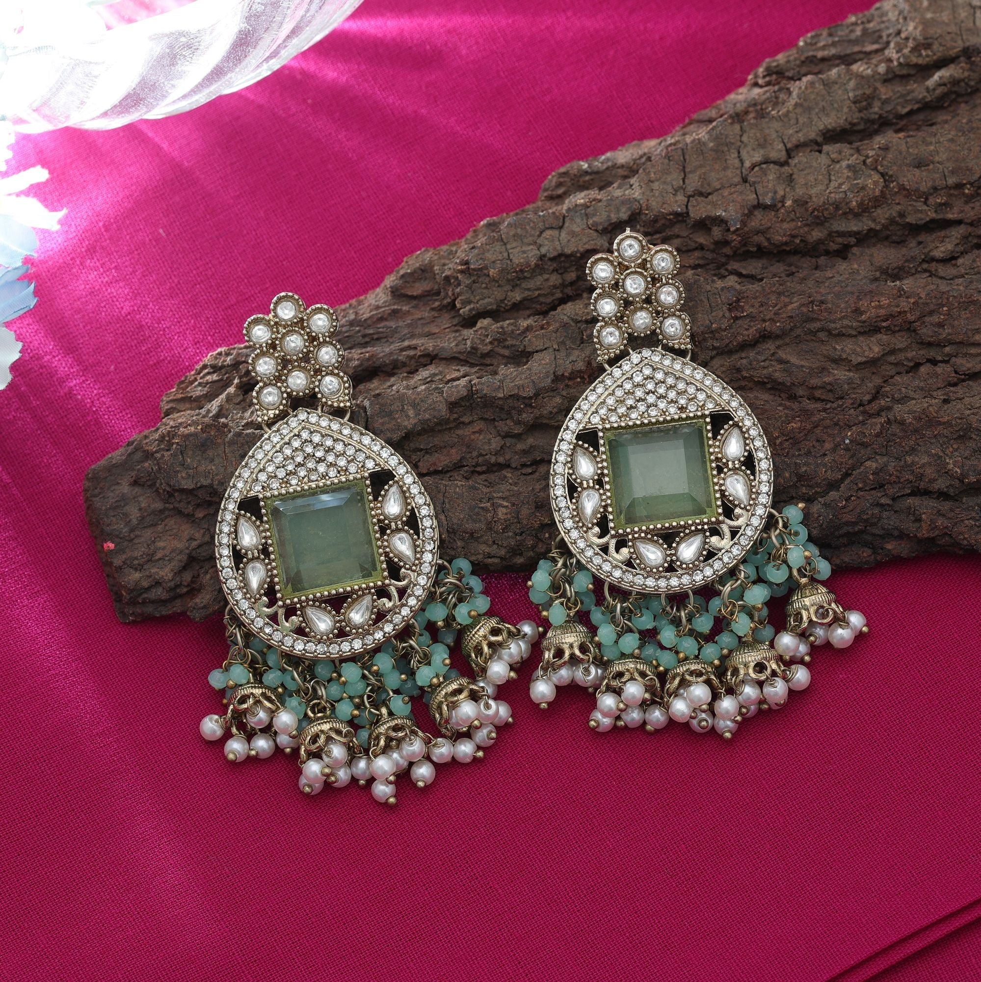 Pista Green Kundan Earrings - Wedding