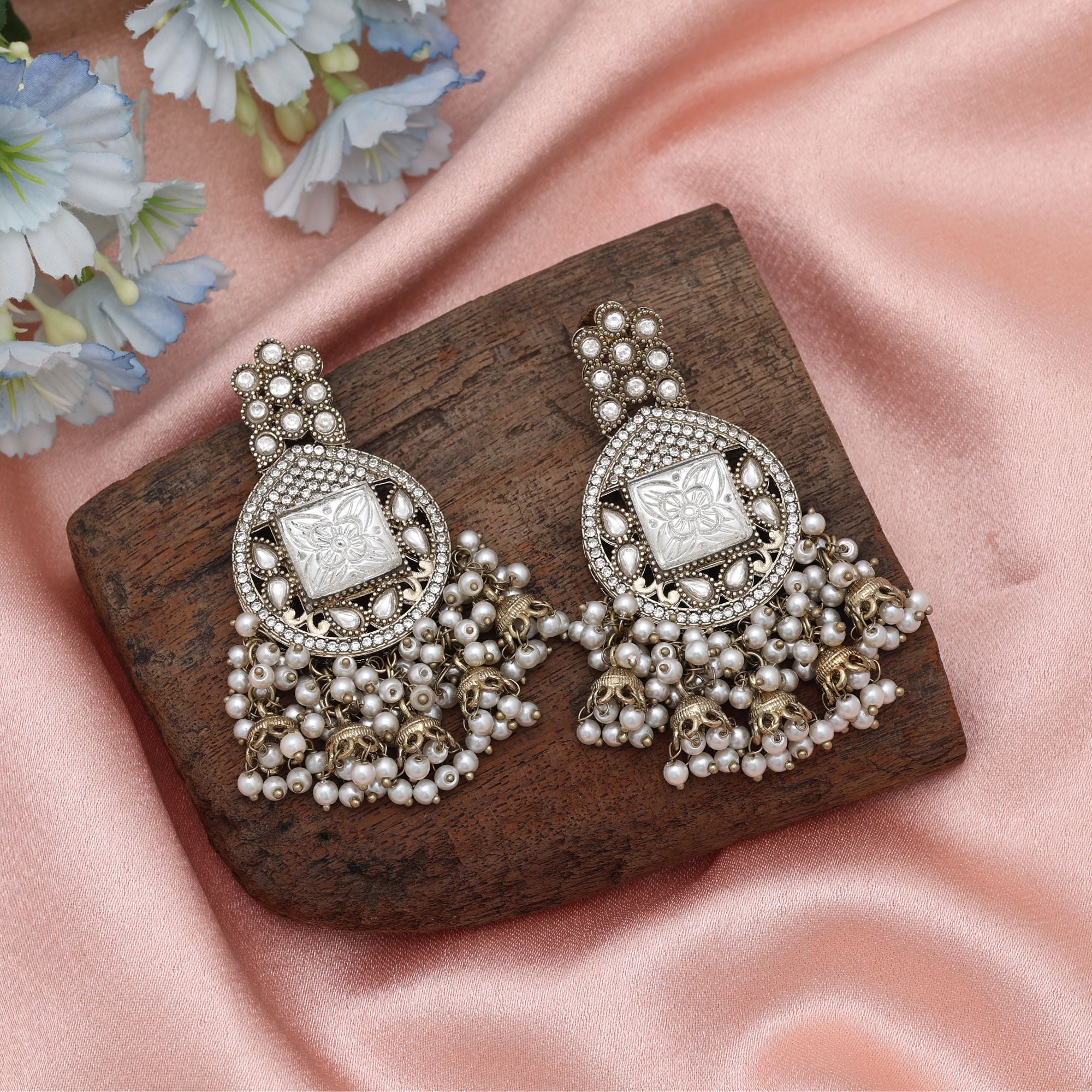 White Kundan Earrings - Premium Party