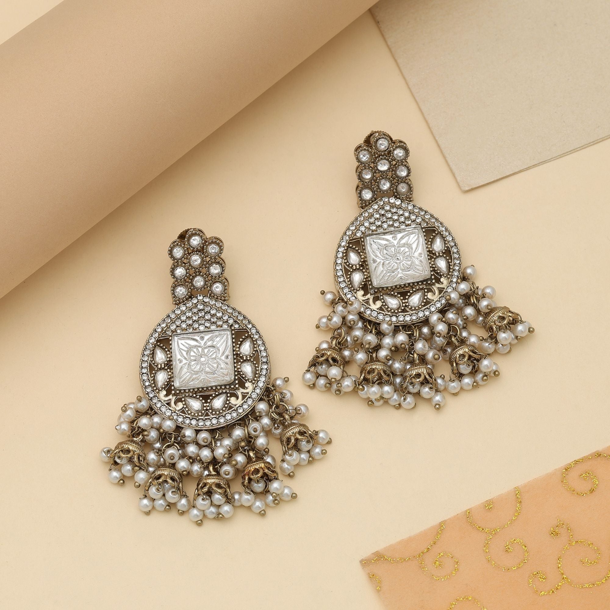 White Kundan Earrings - Premium Party