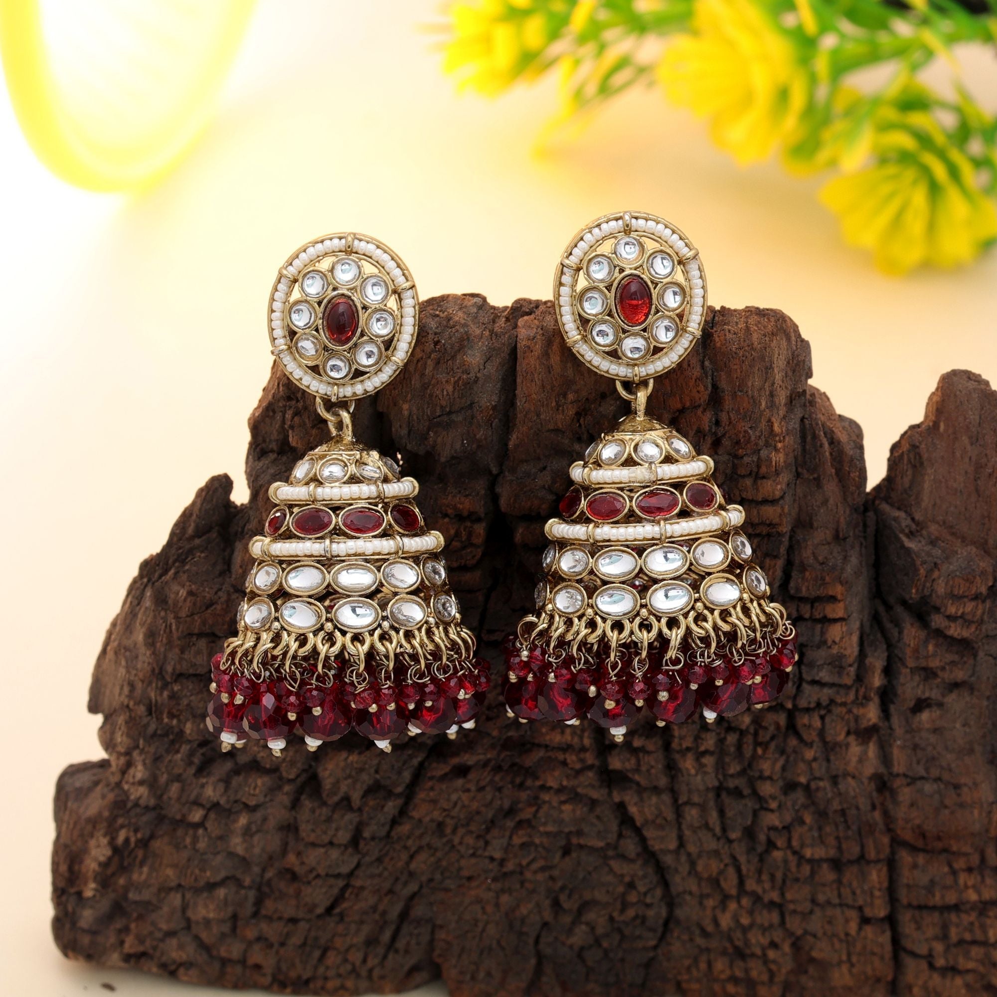 Maroon Kundan Earrings - Grand Occasion