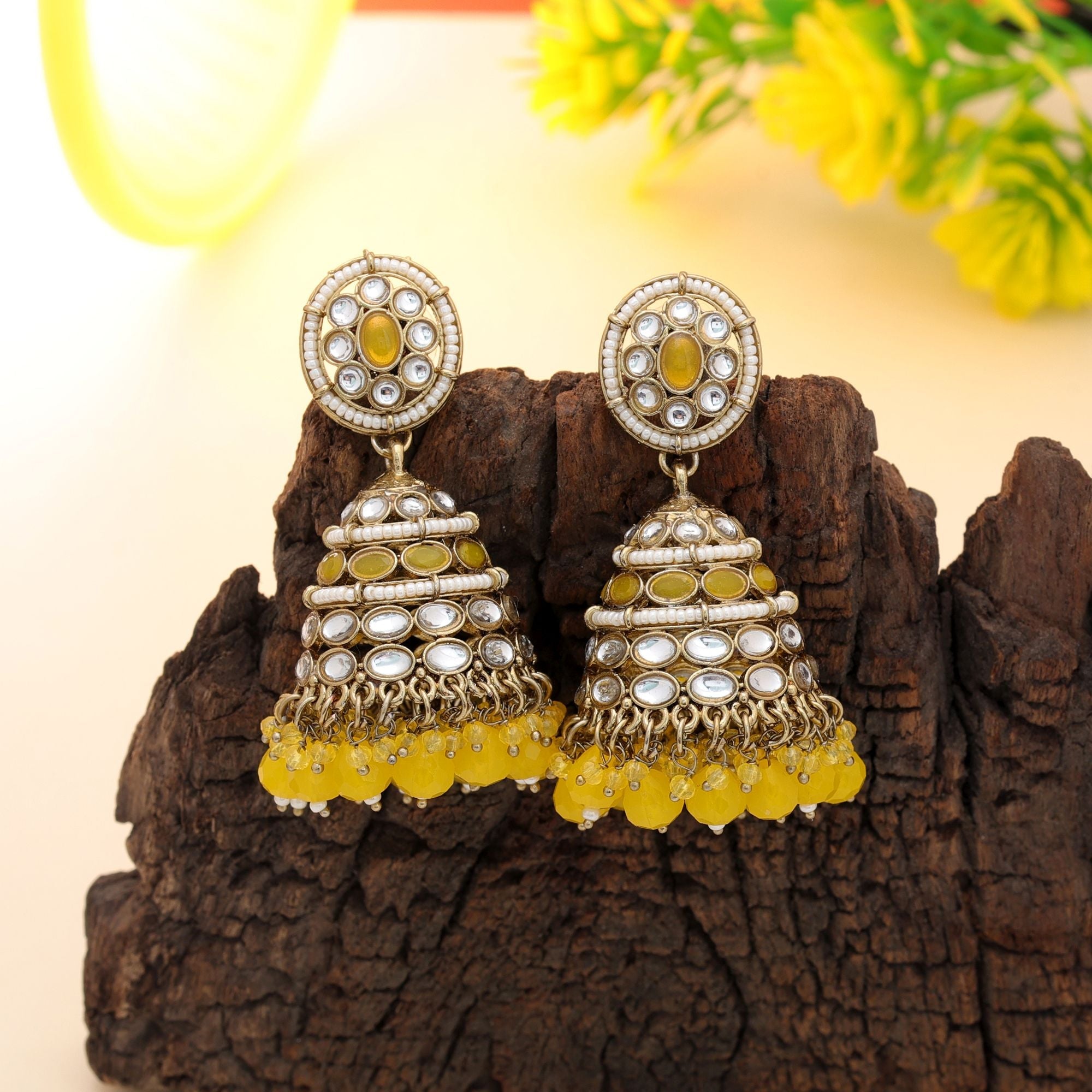 Yellow Kundan Earrings - Festive Fashion