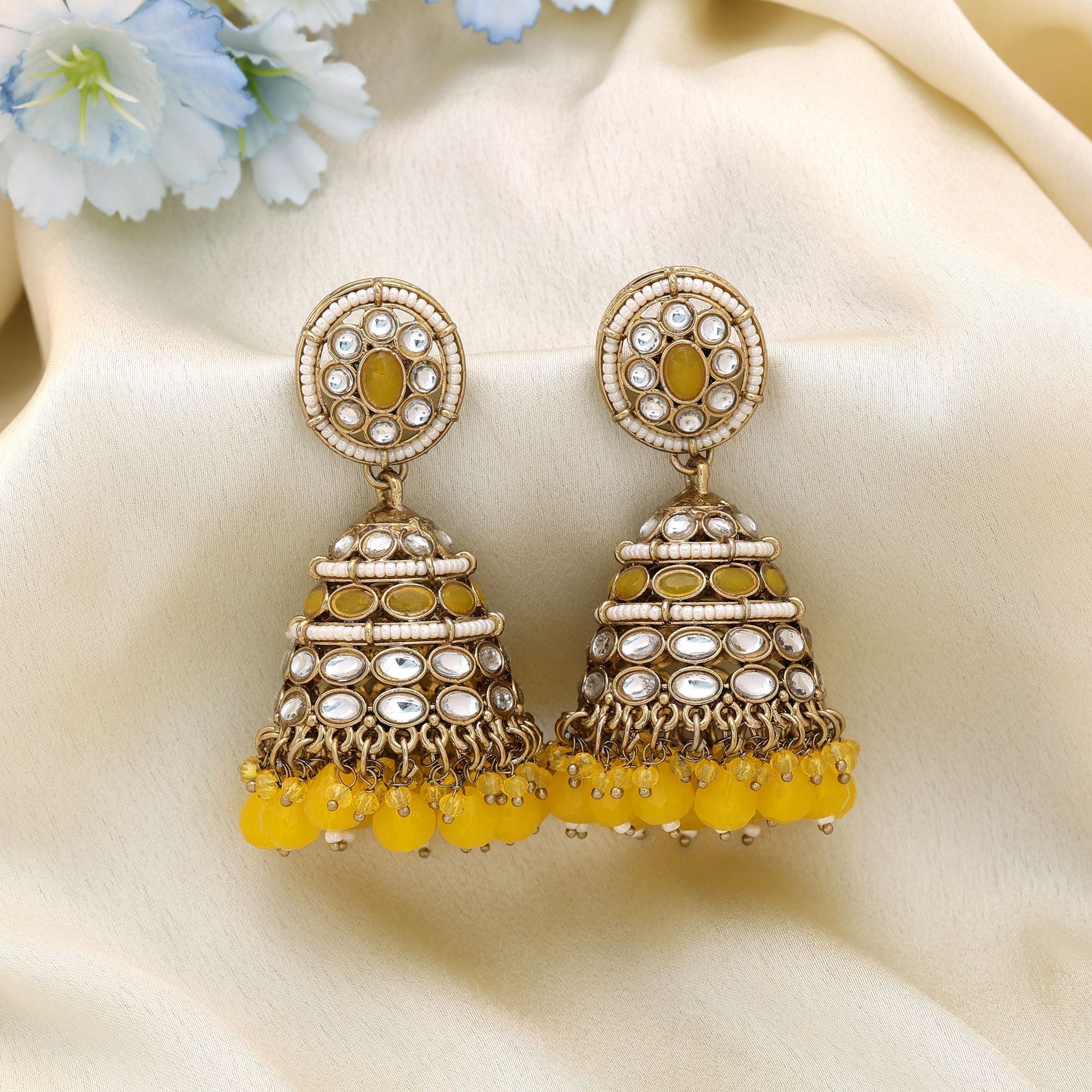Yellow Kundan Earrings - Festive Fashion