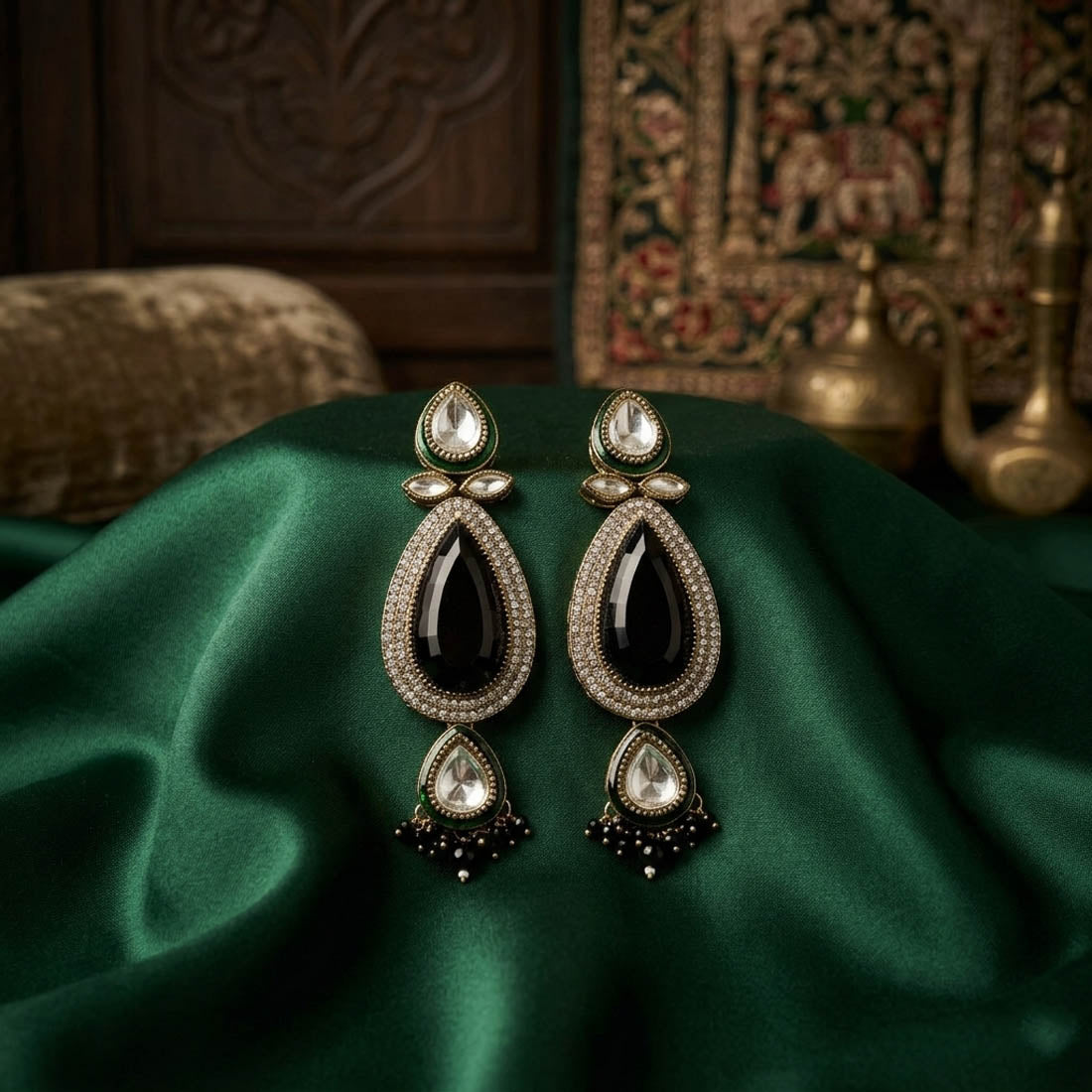 Black Color Kundan Earrings Women Wedding Party Wear