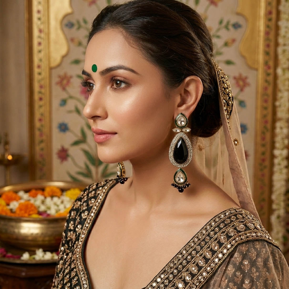 Black Color Kundan Earrings Women Wedding Party Wear
