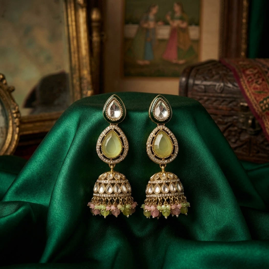 Pista Green & Pink Kundan Earrings Bridal Fashion