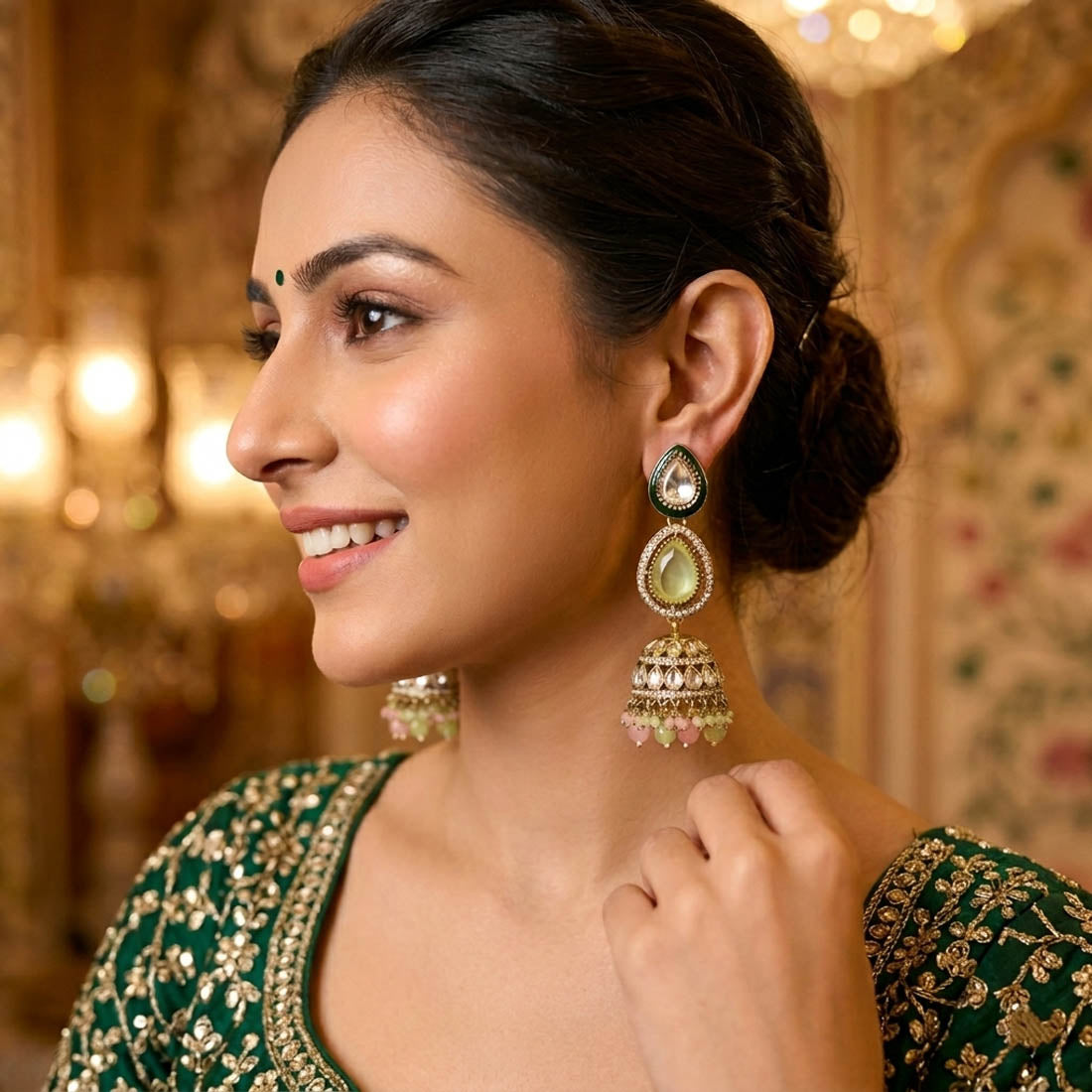 Pista Green & Pink Kundan Earrings Bridal Fashion
