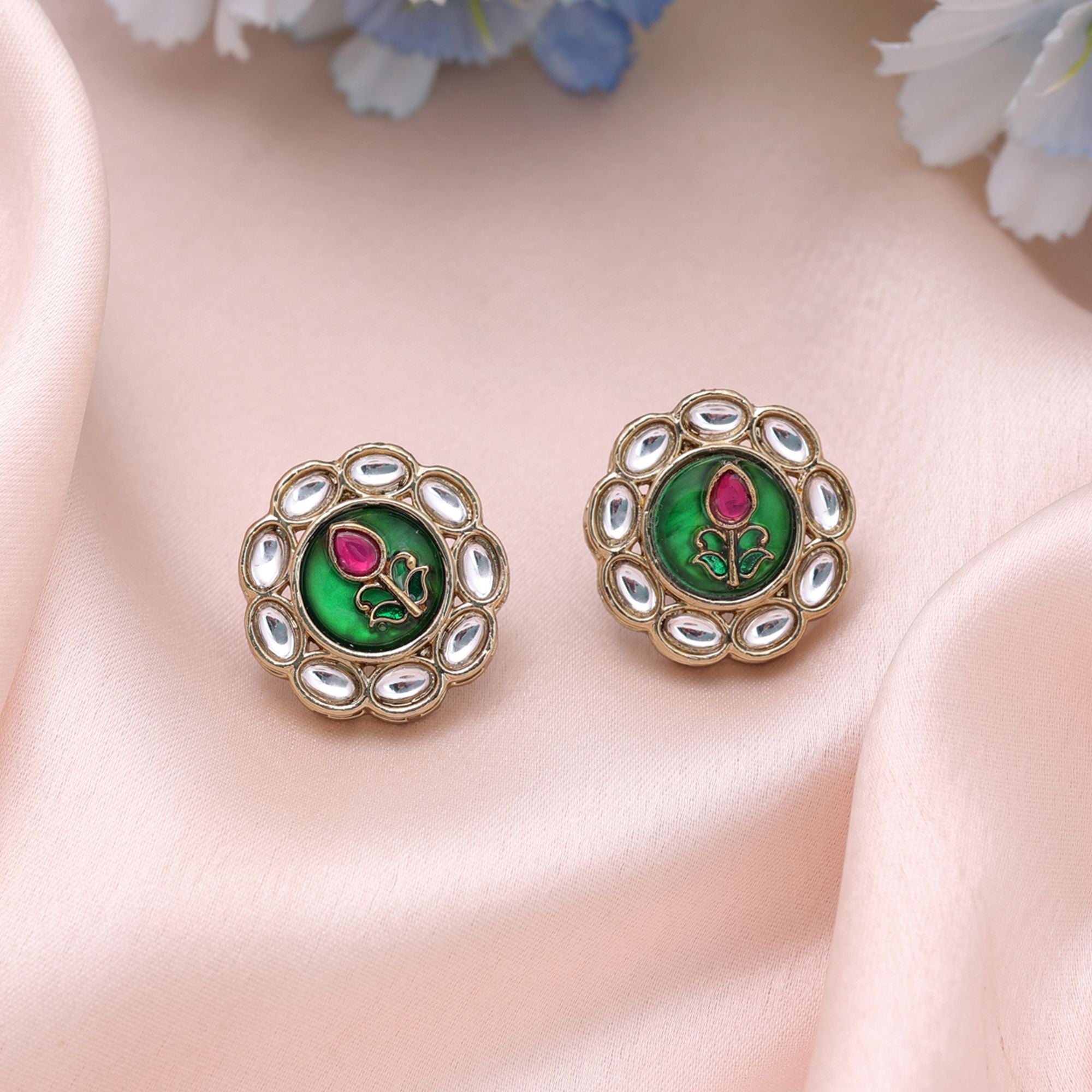 Green Color Kundan Earrings Festive Designer Style