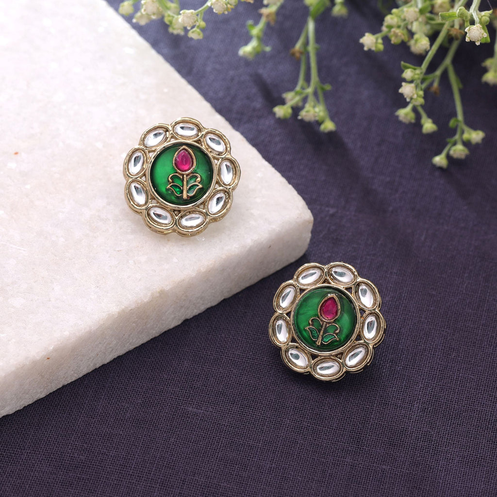 Green Color Kundan Earrings Festive Designer Style