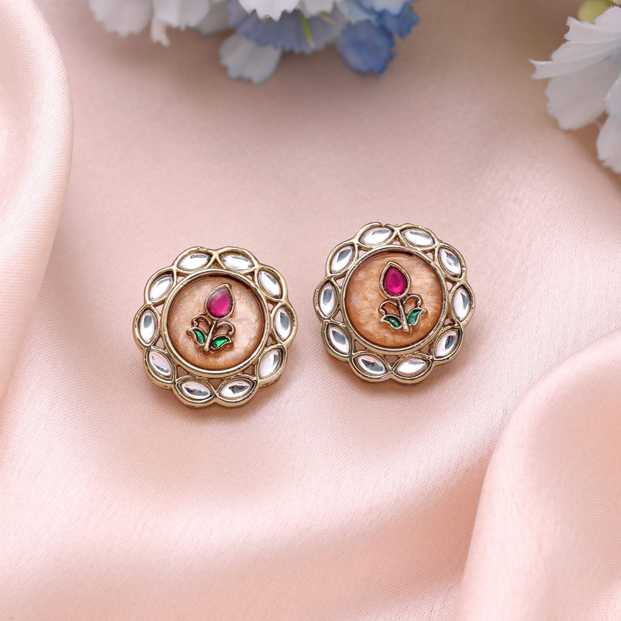 Peach Color Kundan Earrings Traditional Fashion Style