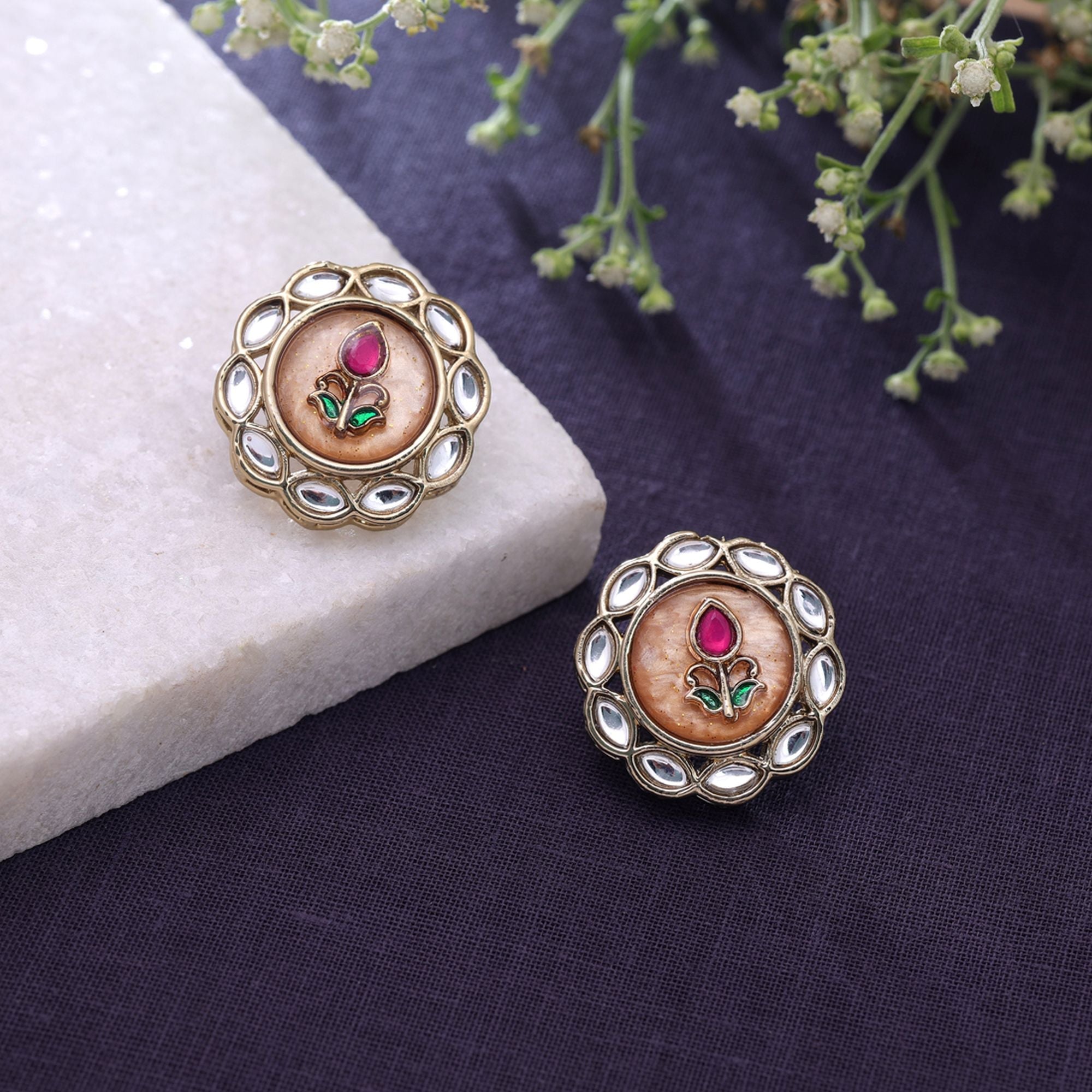 Peach Color Kundan Earrings Traditional Fashion Style