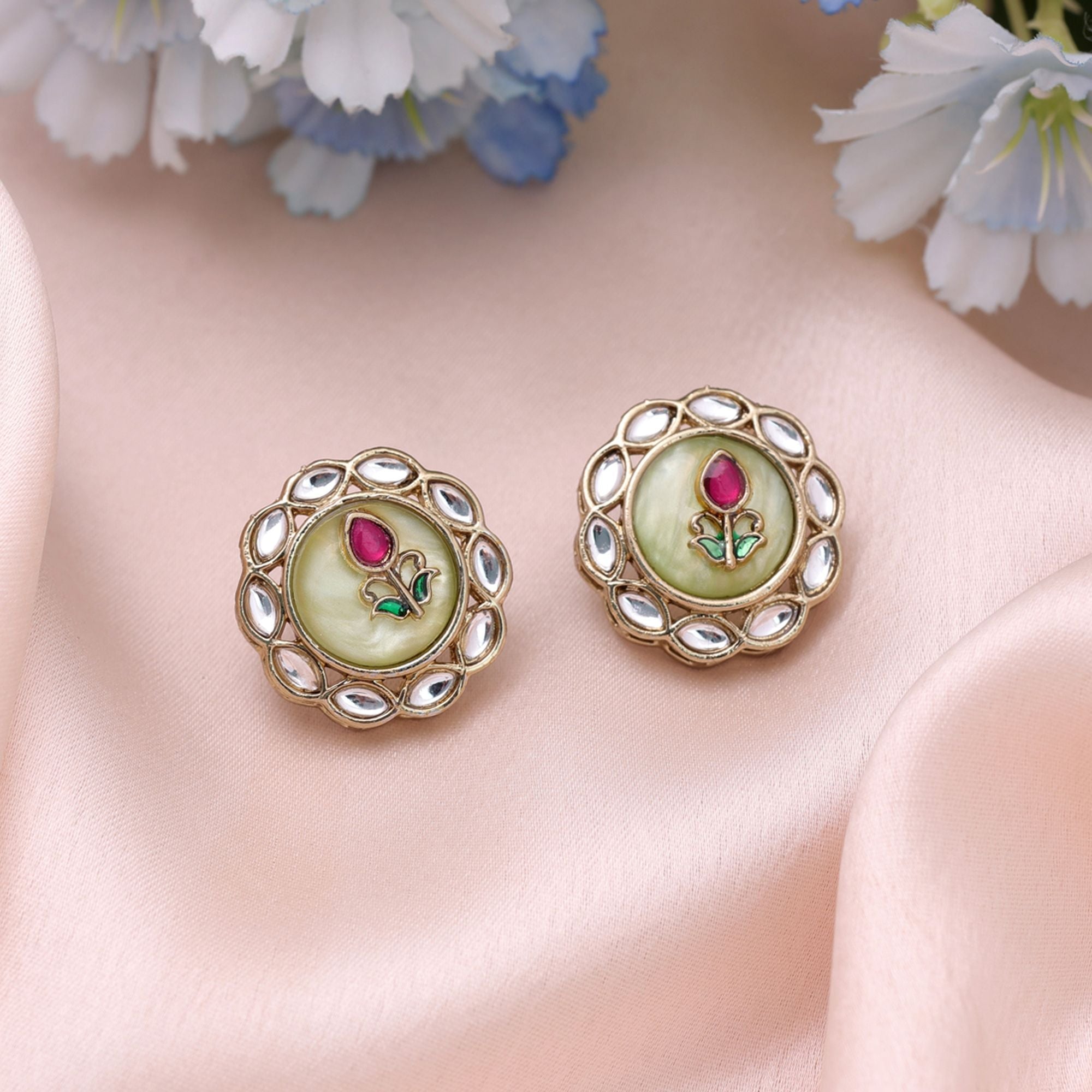 Pista Green Color Kundan Earrings Designer Jewelry Finish