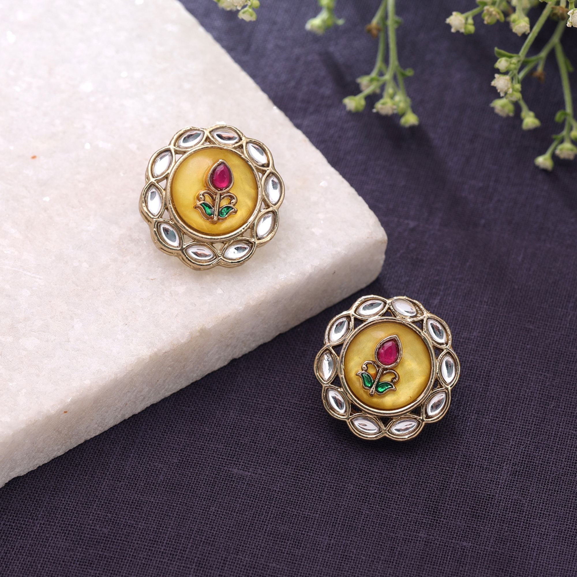 Yellow Color Kundan Earrings Traditional Jewelry Appeal