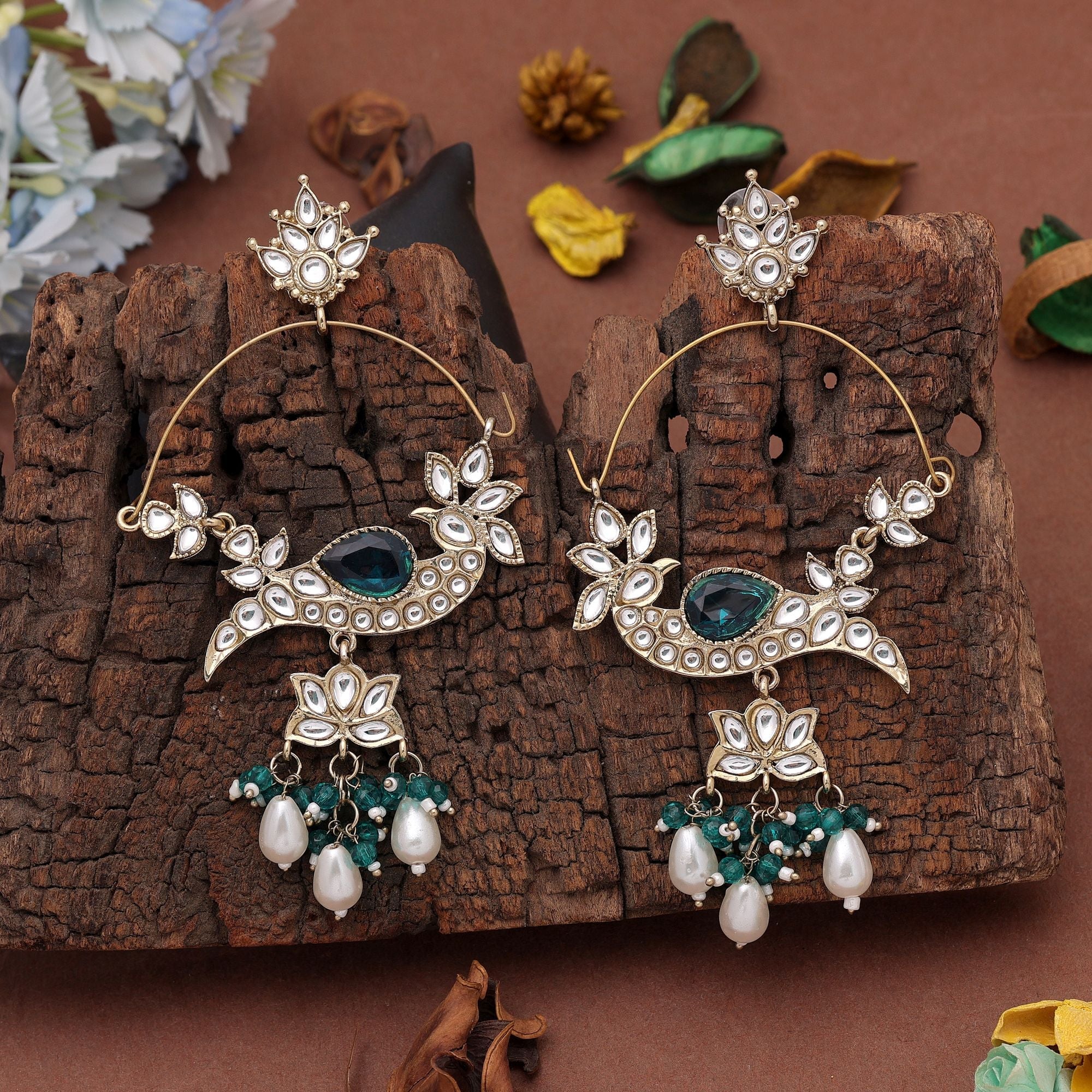 Teal Green Color Kashmiri Earrings with Traditional Style