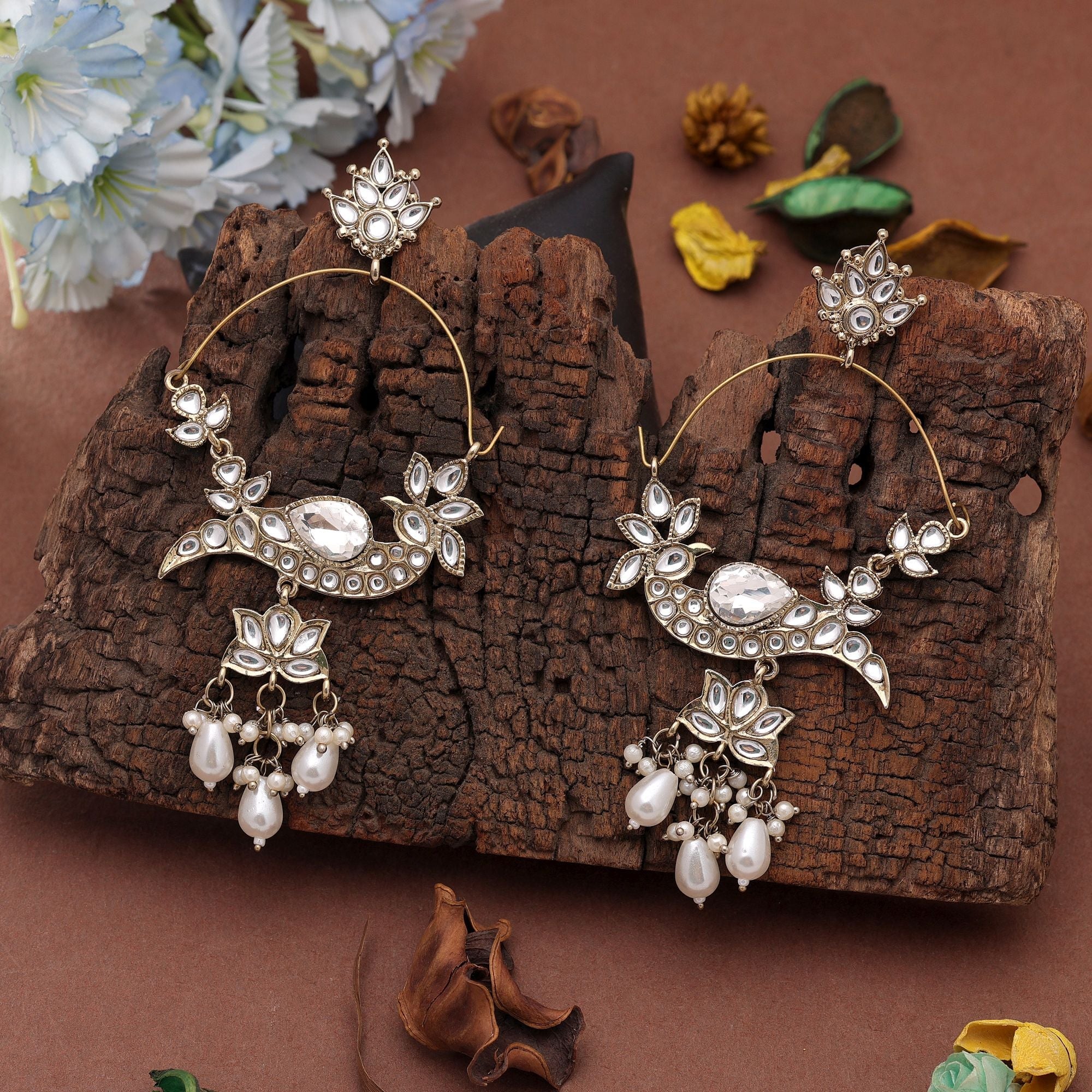 White Color Kashmiri Earrings with Traditional Fashion Style