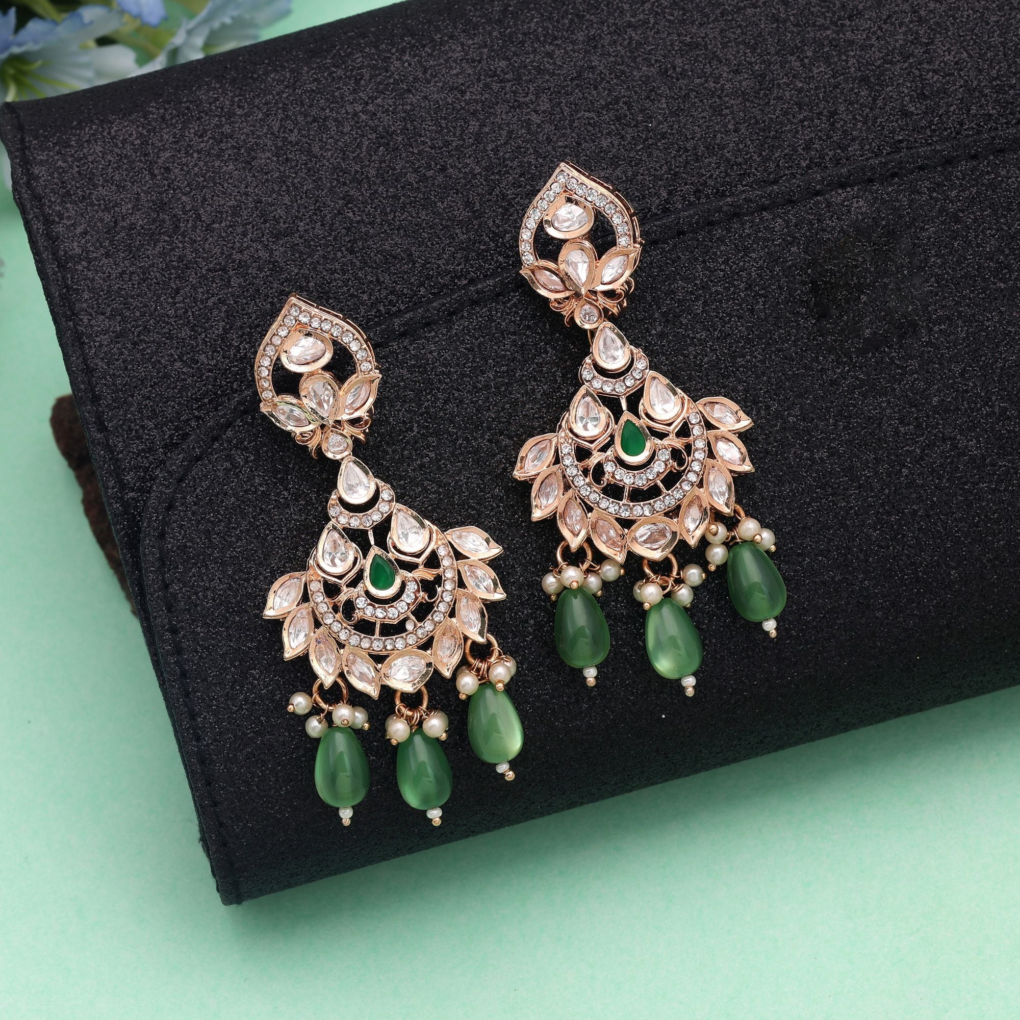 Green Color Polki Kundan Earrings Festive Ethnic Style
