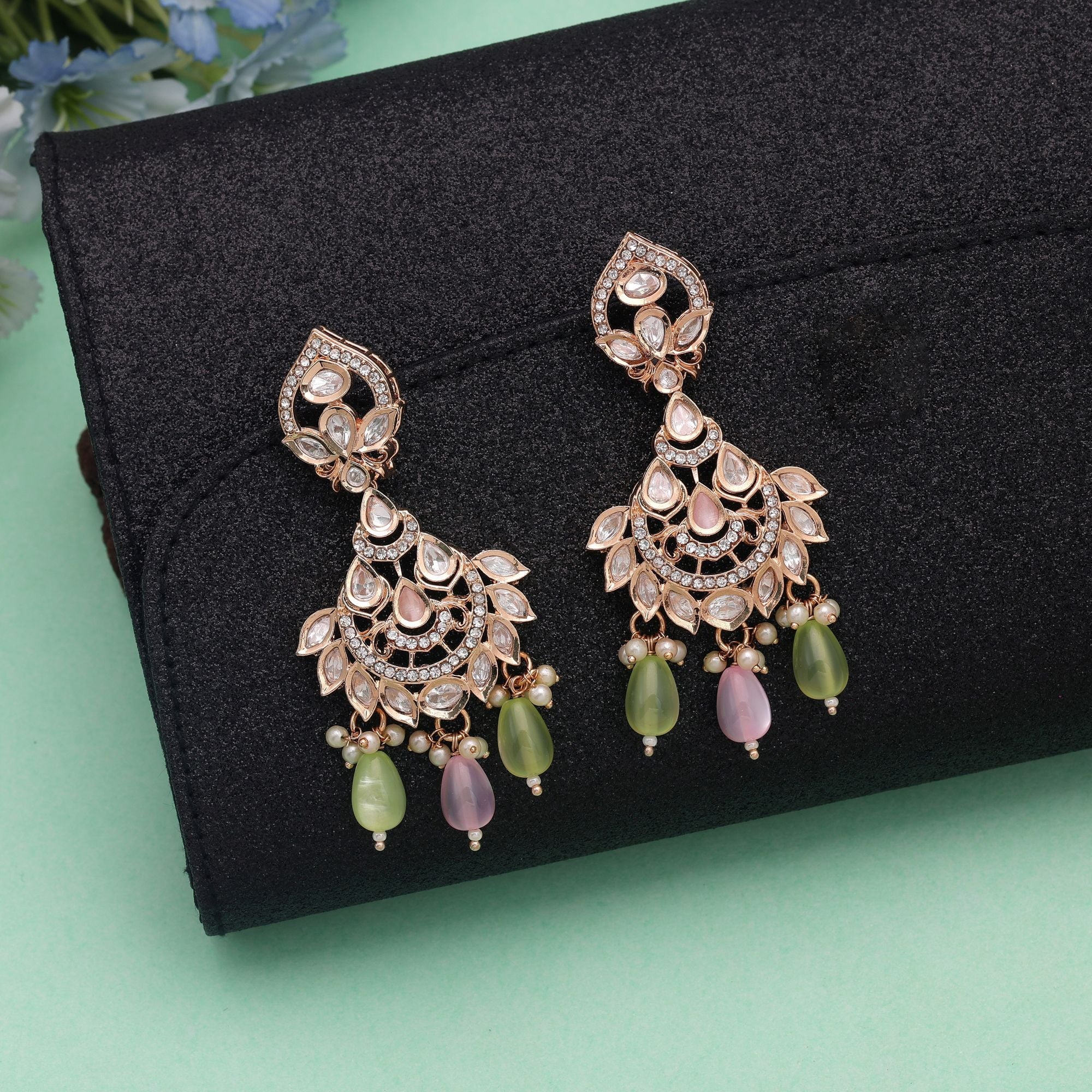 Light Pink & Light Green Color Polki Kundan Earrings Designer Style