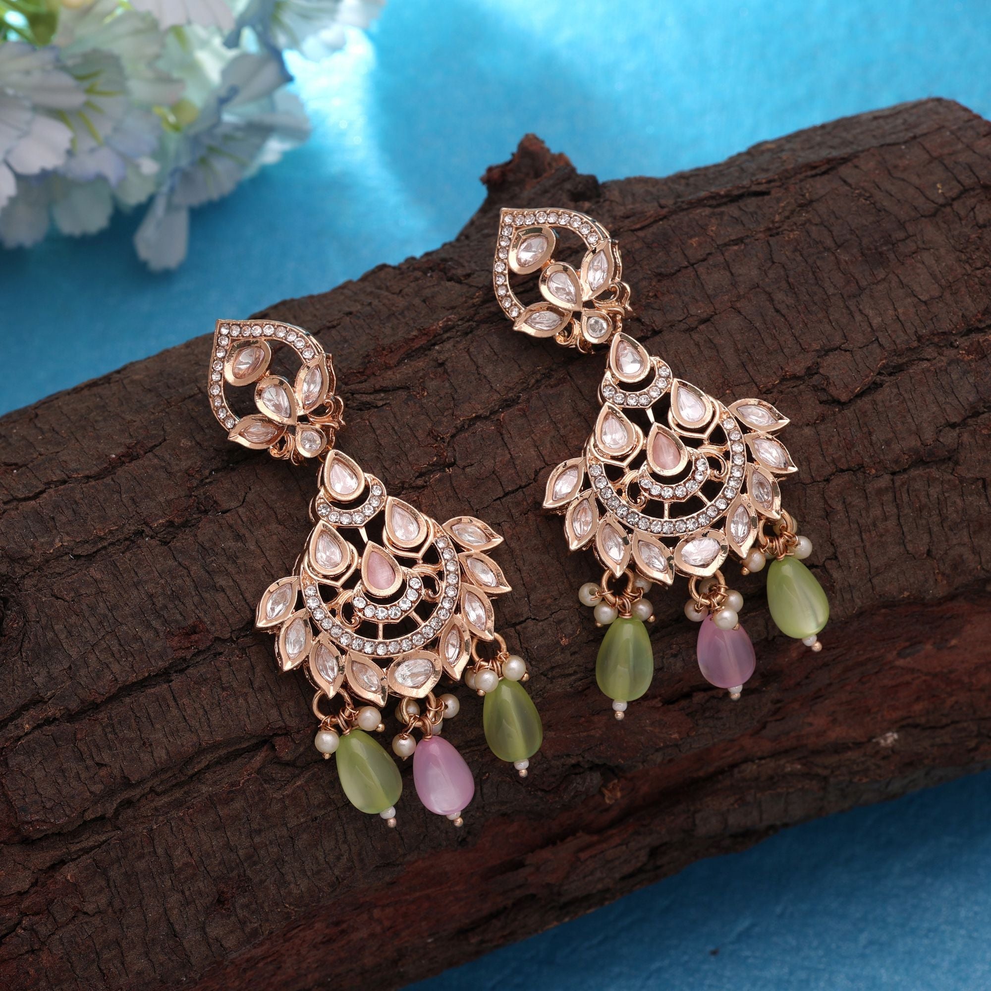 Light Pink & Light Green Color Polki Kundan Earrings Designer Style