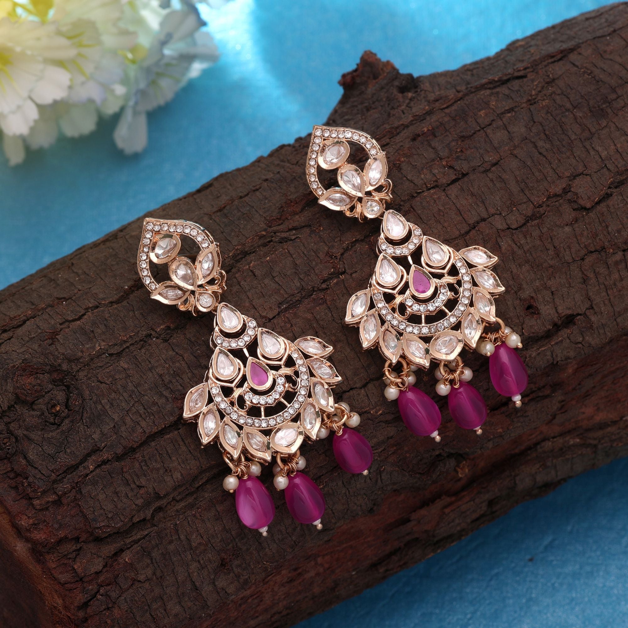Pink Color Polki Kundan Earrings Traditional Designer Style