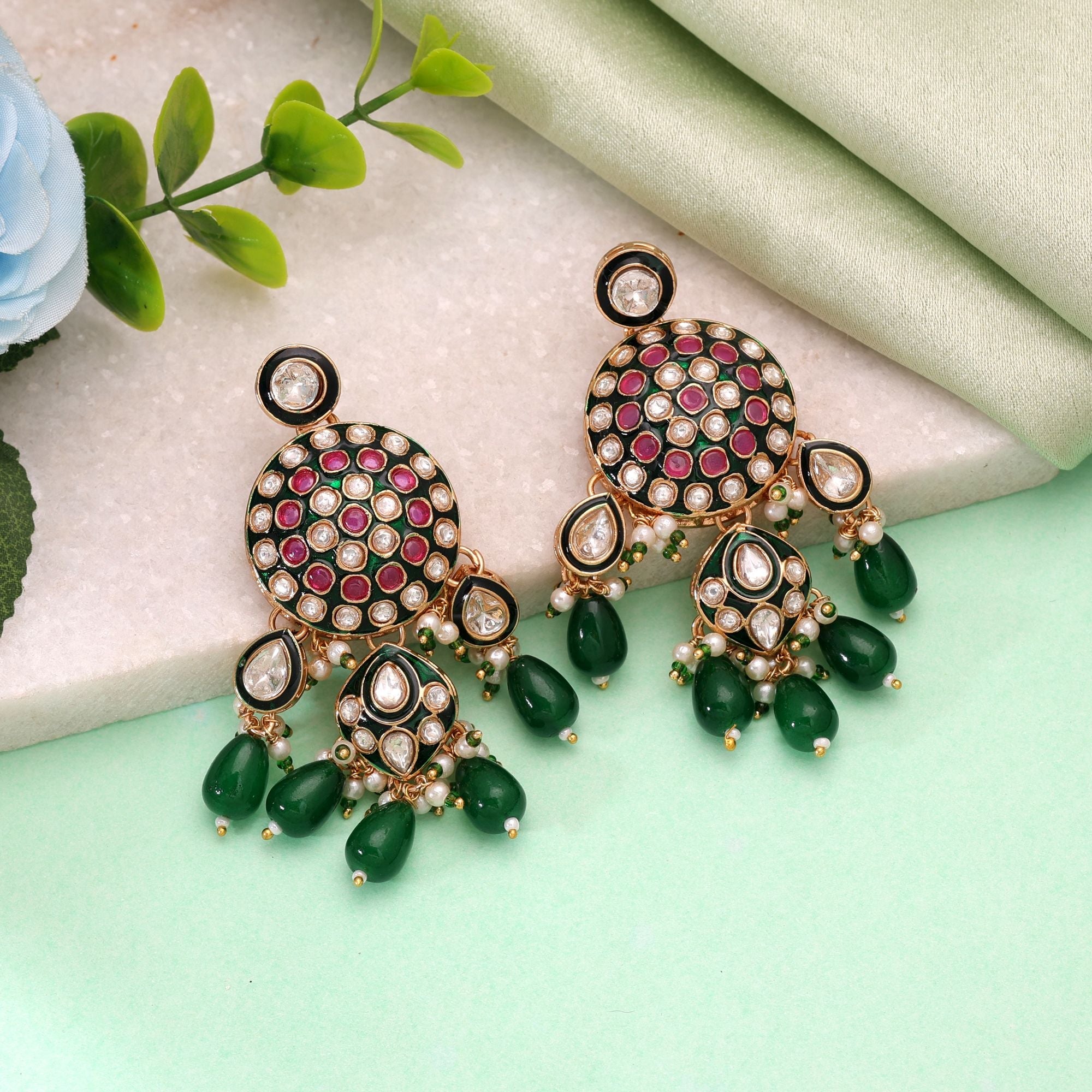 Green Color Meenakari Kundan Earrings Traditional Jewelry Design