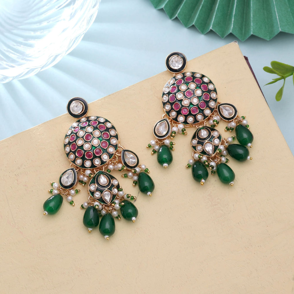 Green Color Meenakari Kundan Earrings Traditional Jewelry Design