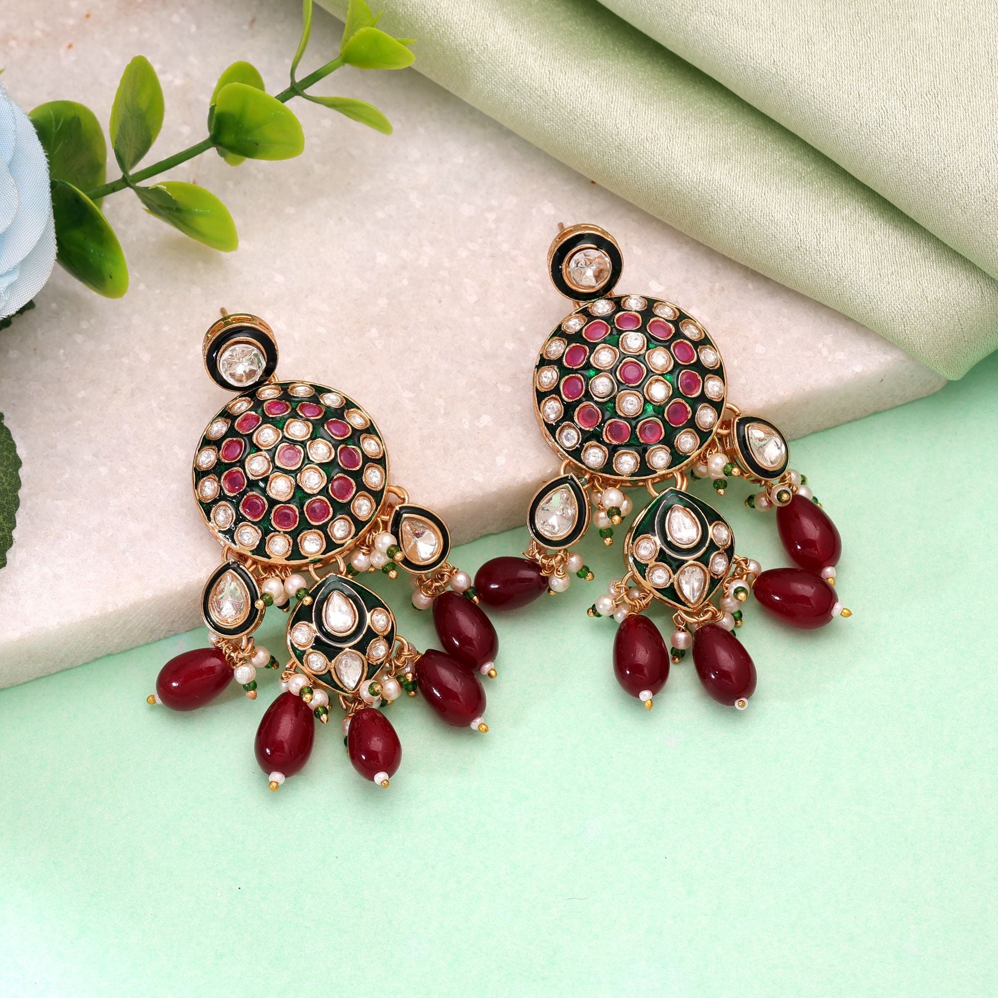 Maroon Color Meenakari Kundan Earrings Designer Ethnic Style