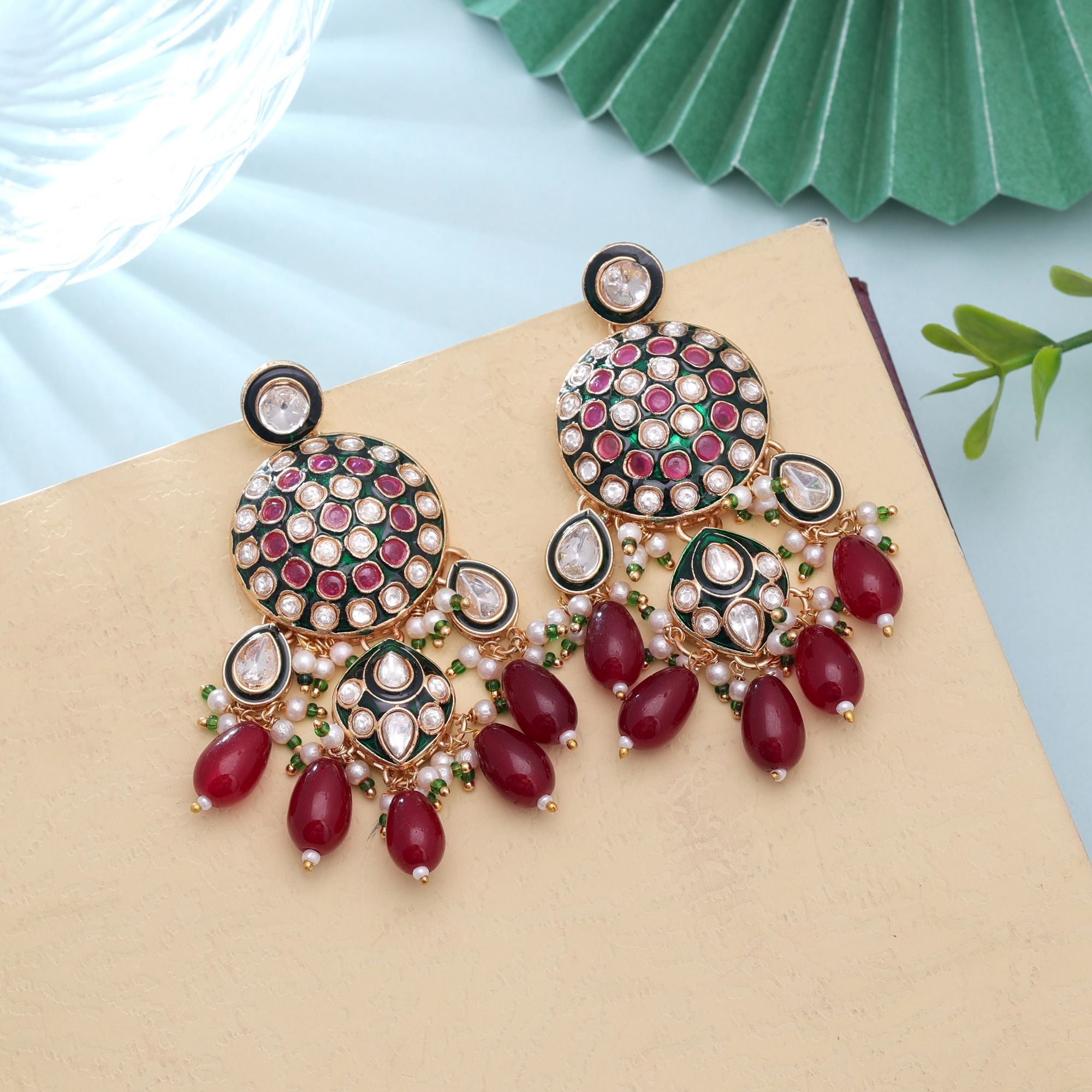 Maroon Color Meenakari Kundan Earrings Designer Ethnic Style