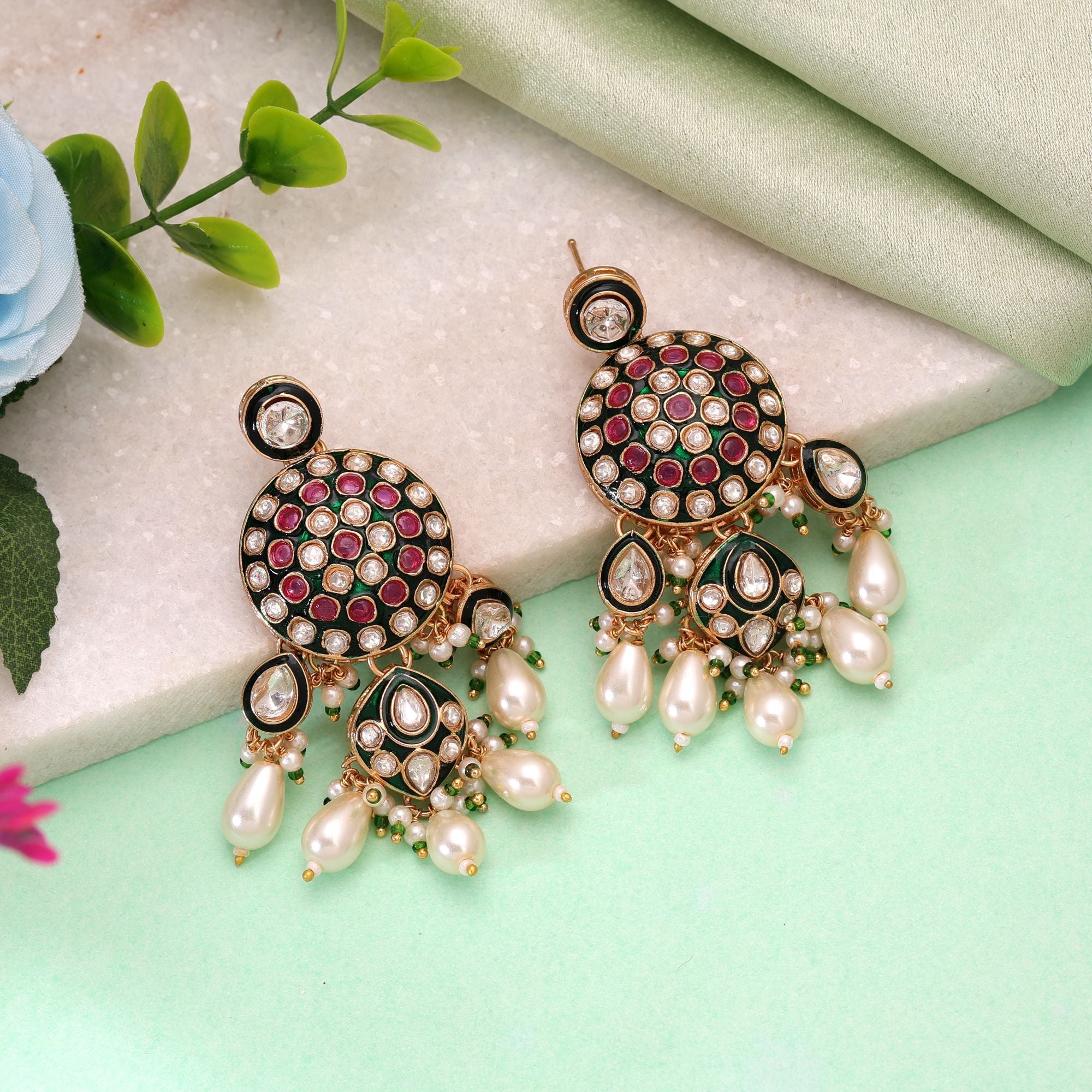 White Color Meenakari Kundan Earrings Traditional Handmade Design