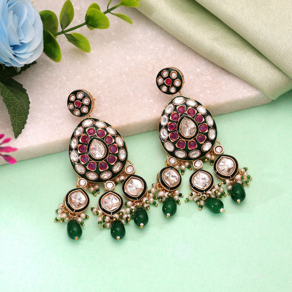 Green Color Meenakari Kundan Earrings Royal Traditional Style