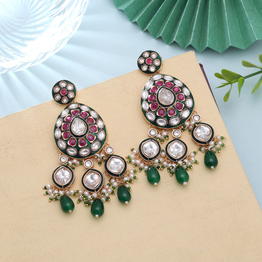 Green Color Meenakari Kundan Earrings Royal Traditional Style