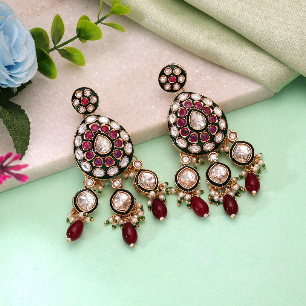 Maroon Color Meenakari Kundan Earrings Artistic Designer Style