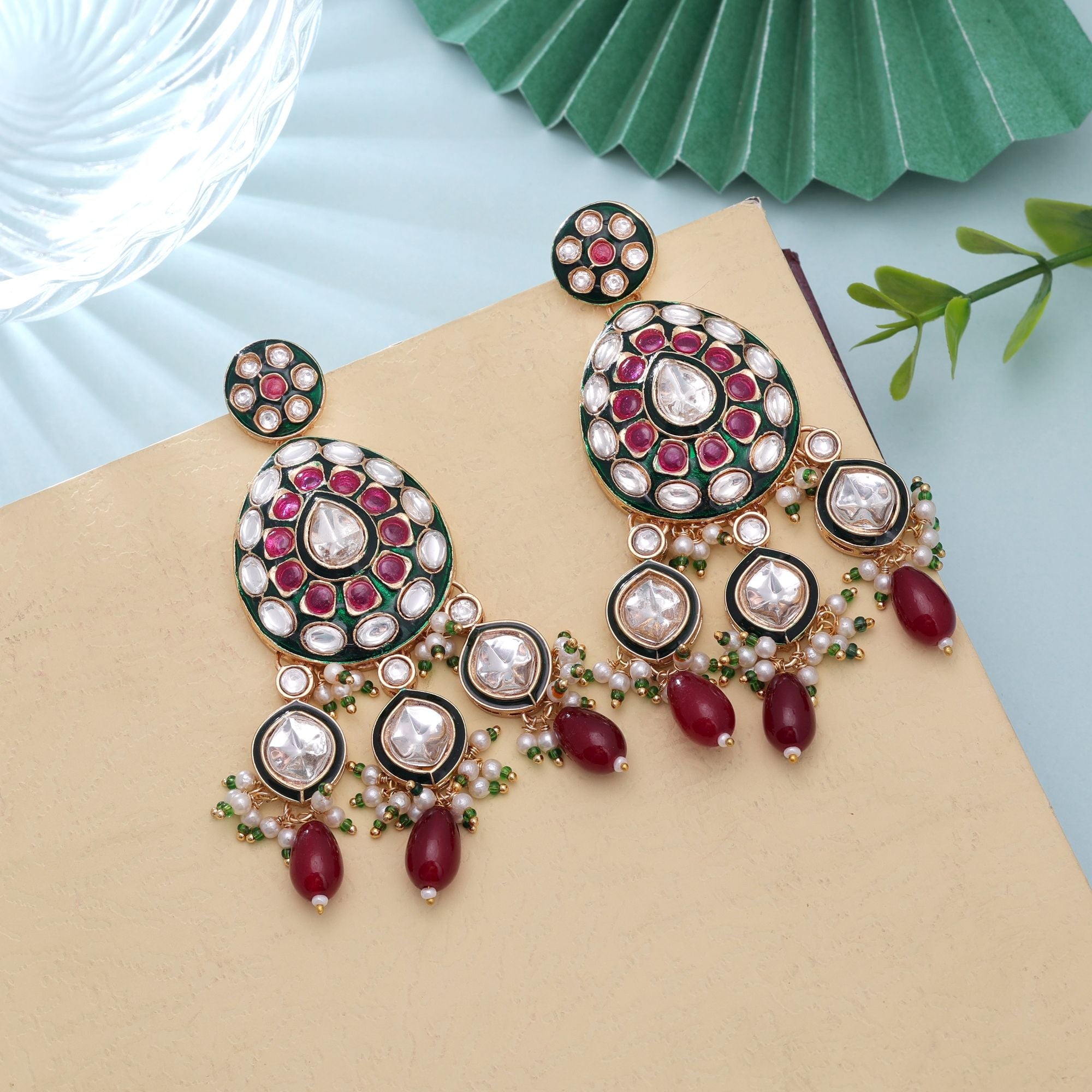 Maroon Color Meenakari Kundan Earrings Artistic Designer Style