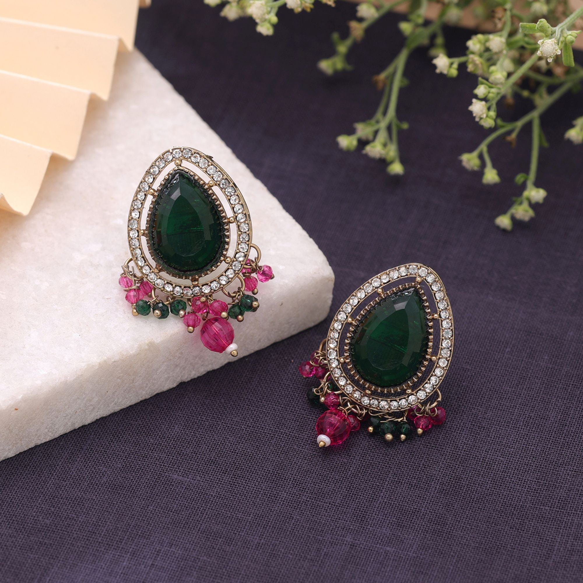 Green & Rani Color Kundan Earrings Festive Ethnic Style