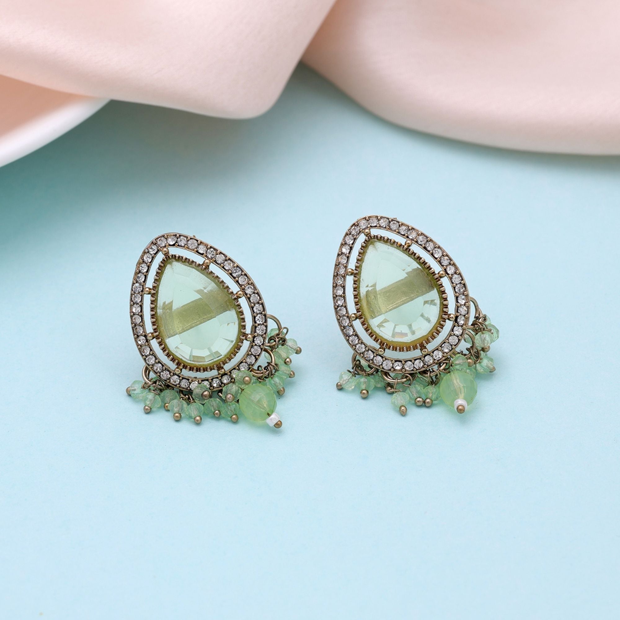 Lime Green Color Kundan Earrings Designer Traditional Style