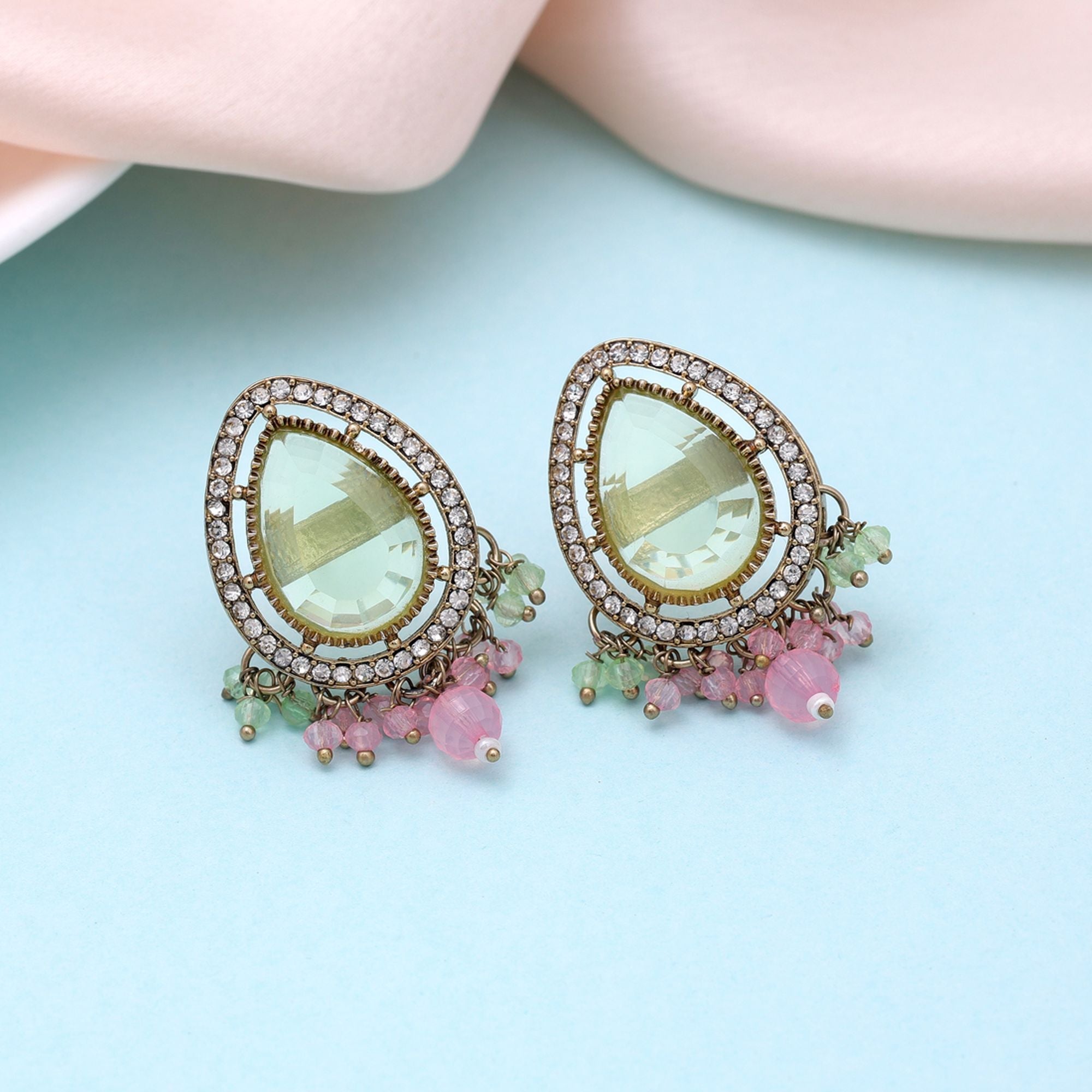 Lime Green & Pink Color Kundan Earrings Designer Finish
