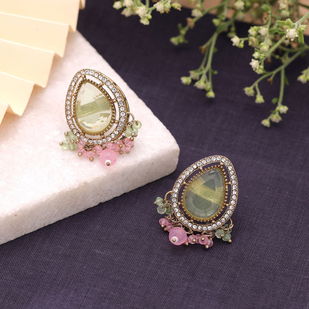 Lime Green & Pink Color Kundan Earrings Designer Finish