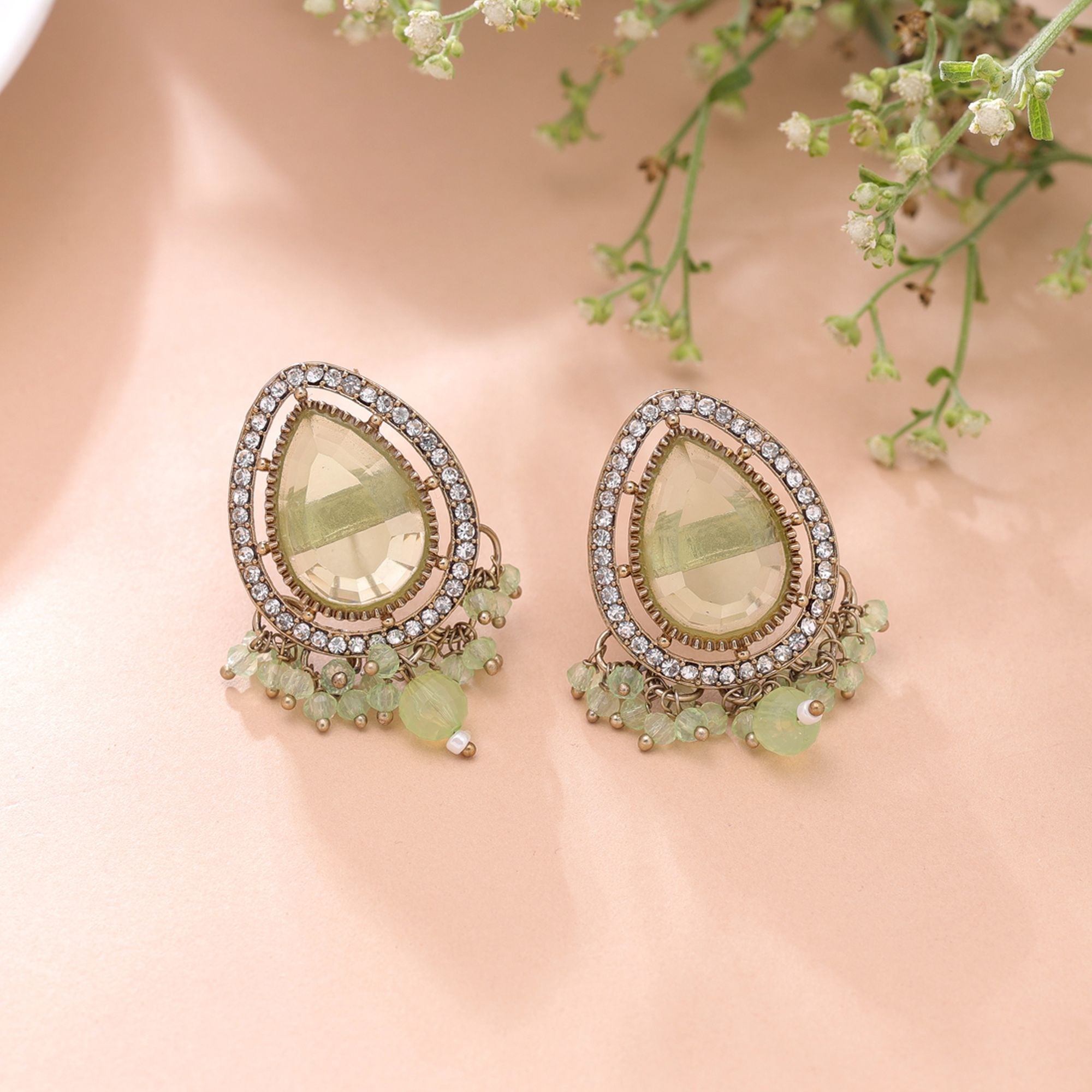 Lime Green Color Kundan Earrings Designer Traditional Style