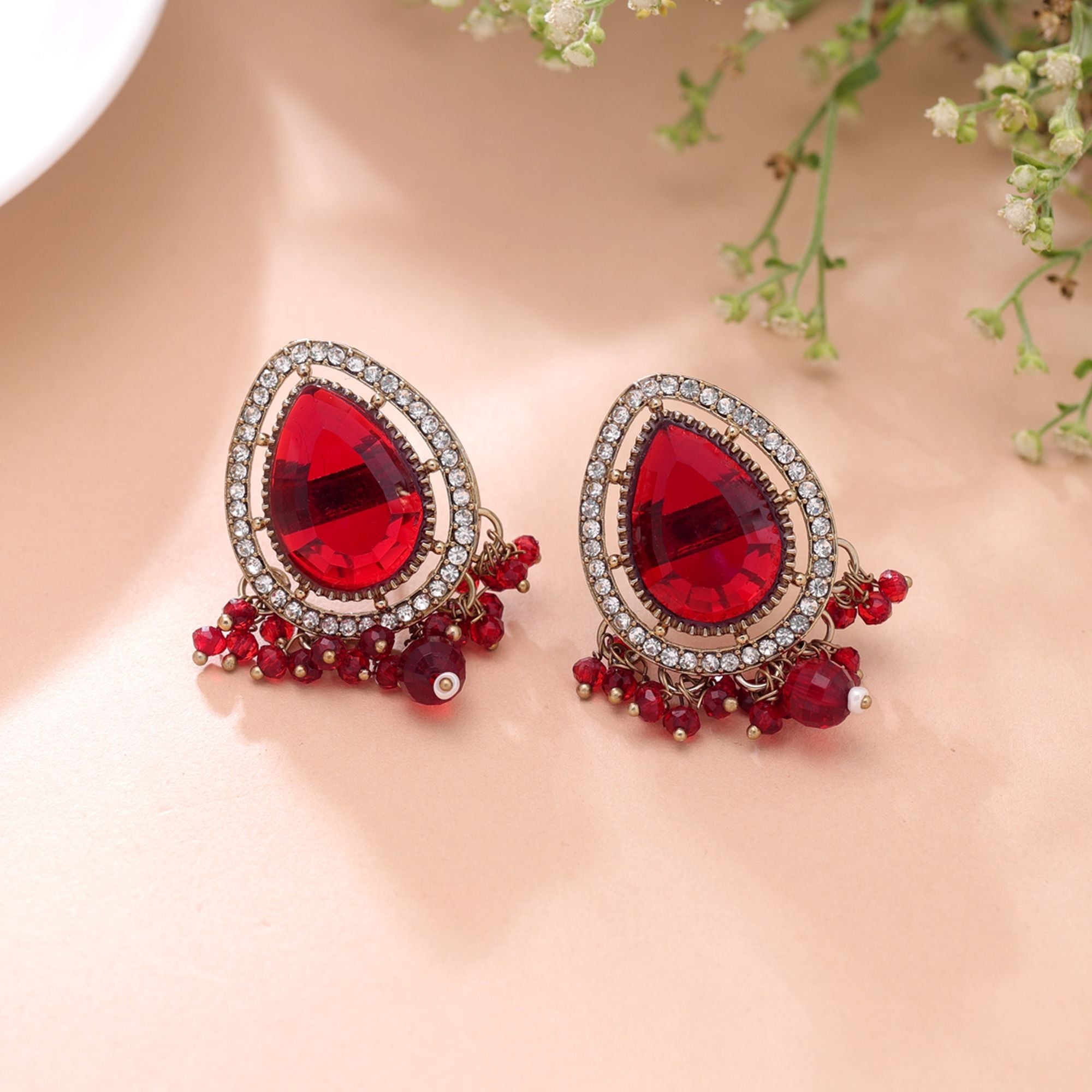 Red Color Kundan Earrings Handmade Fashion Style