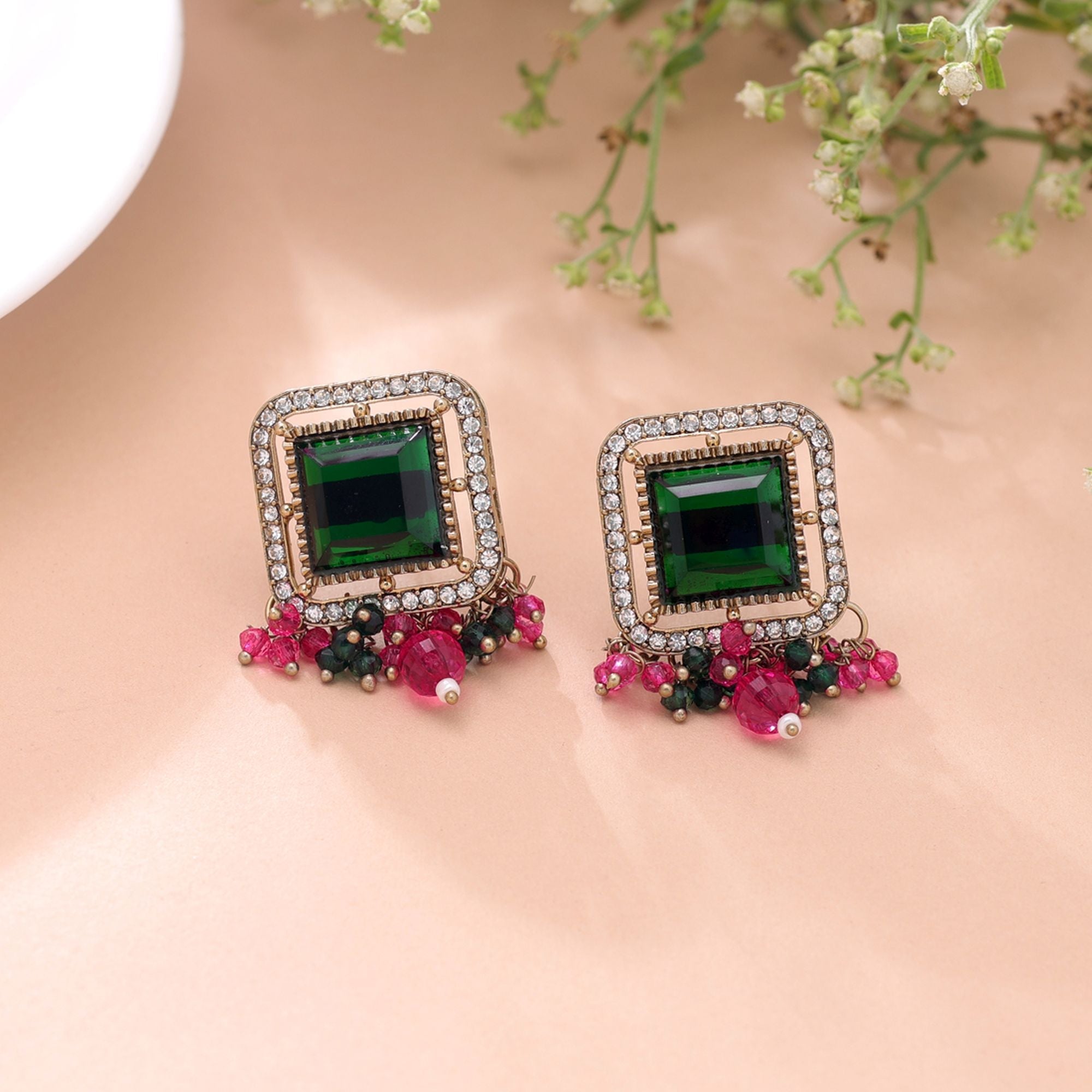 Green & Rani Color Kundan Earrings Traditional Designer Finish