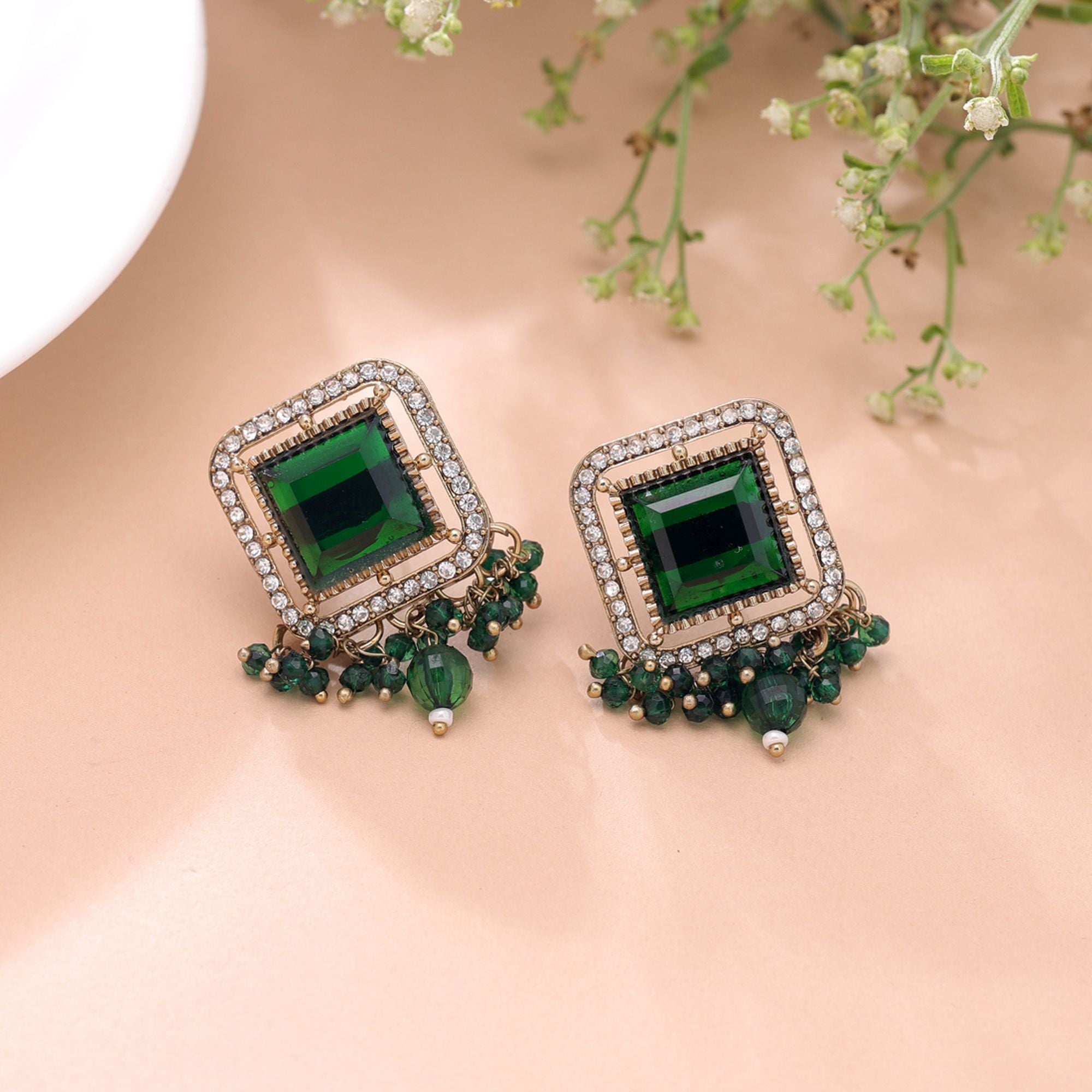 Green Color Kundan Earrings Festive Designer Appeal