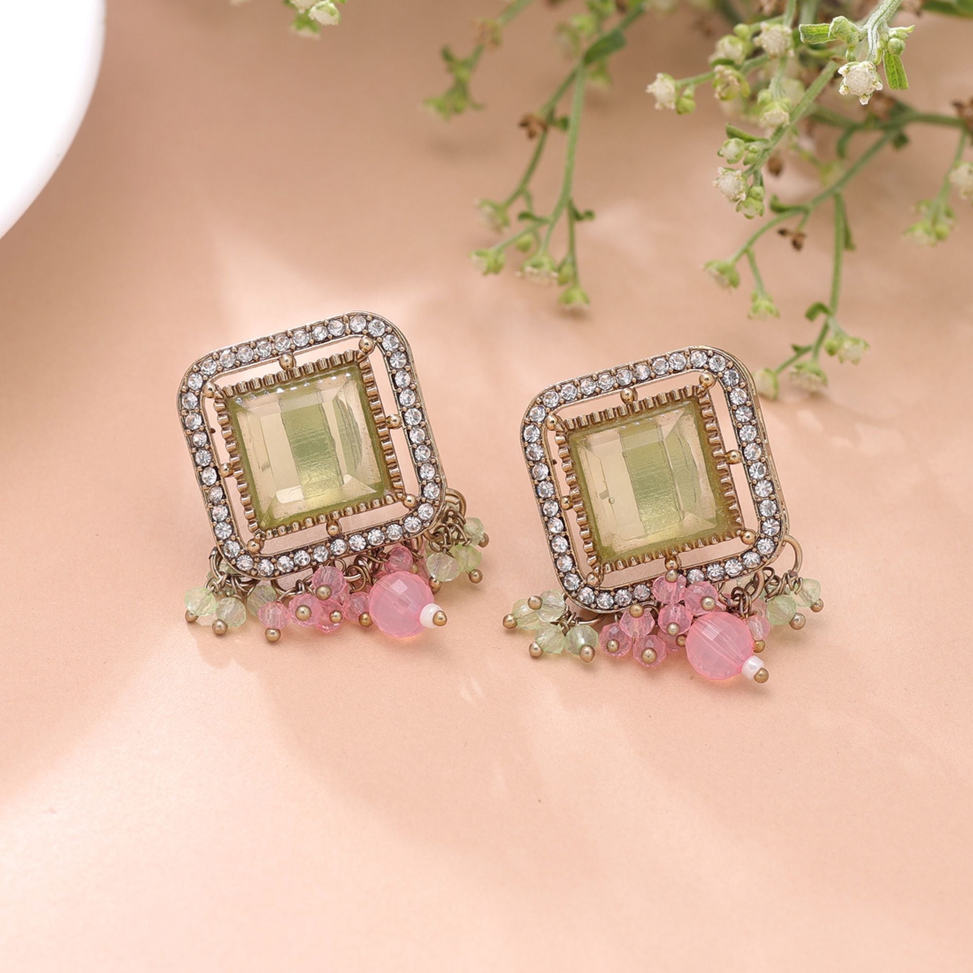 Lime Green & Pink Color Kundan Earrings Royal Festive Style