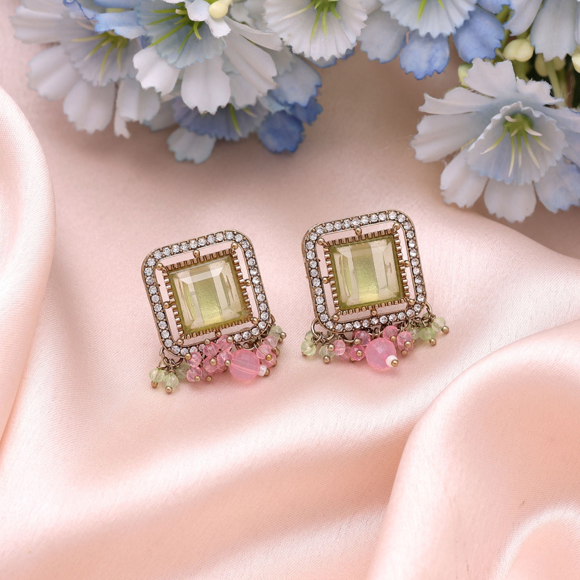 Lime Green & Pink Color Kundan Earrings Royal Festive Style