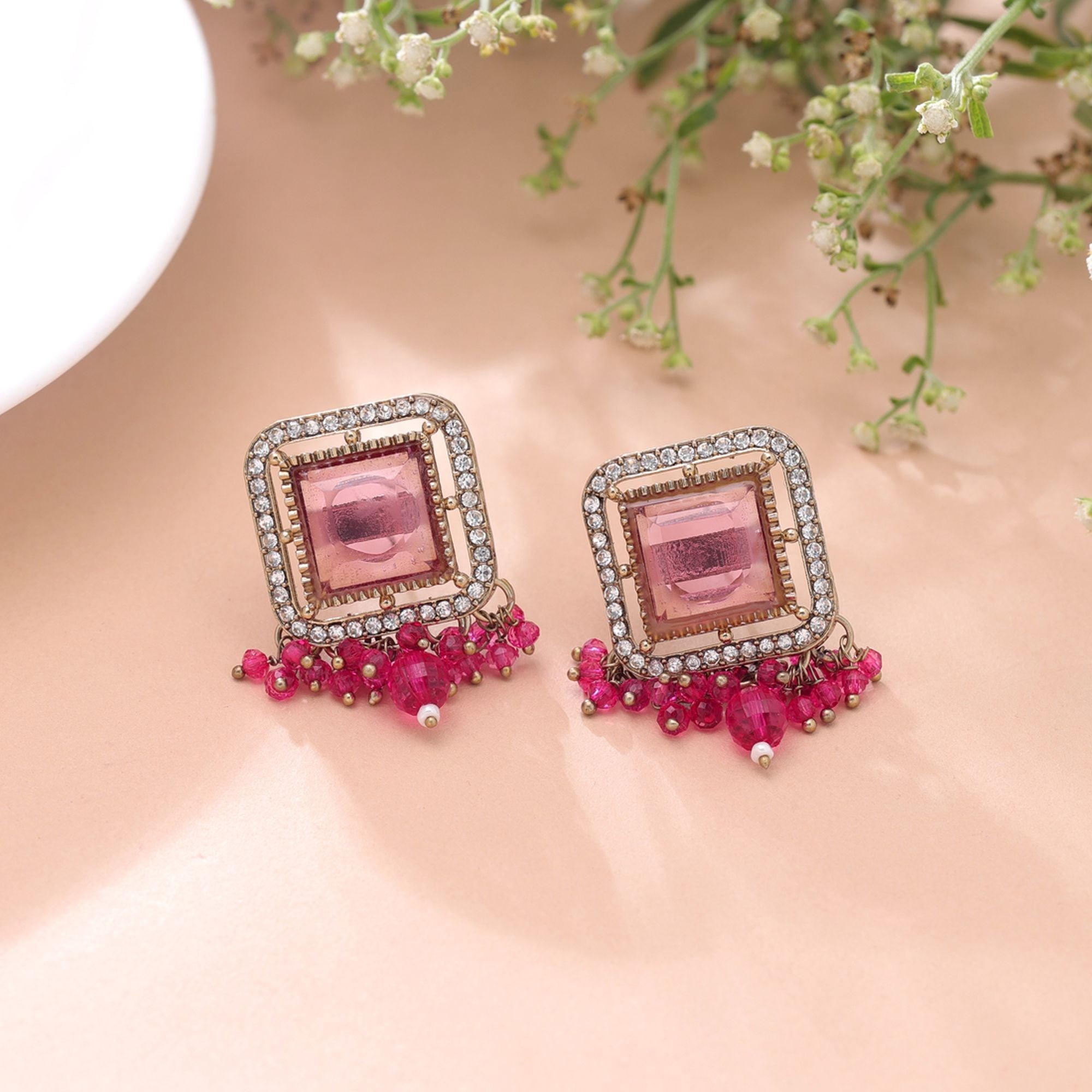 Pink Color Kundan Earrings Traditional Fashion Style