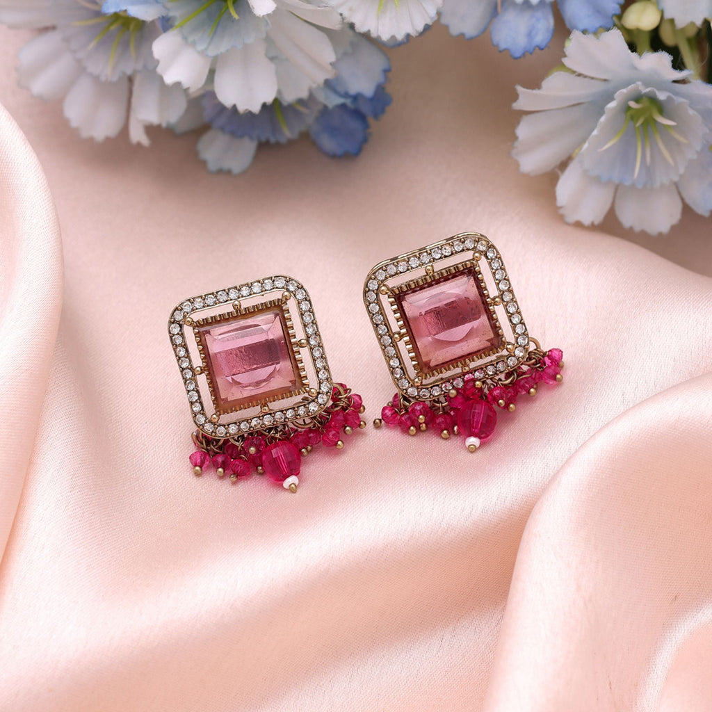 Pink Color Kundan Earrings Traditional Fashion Style