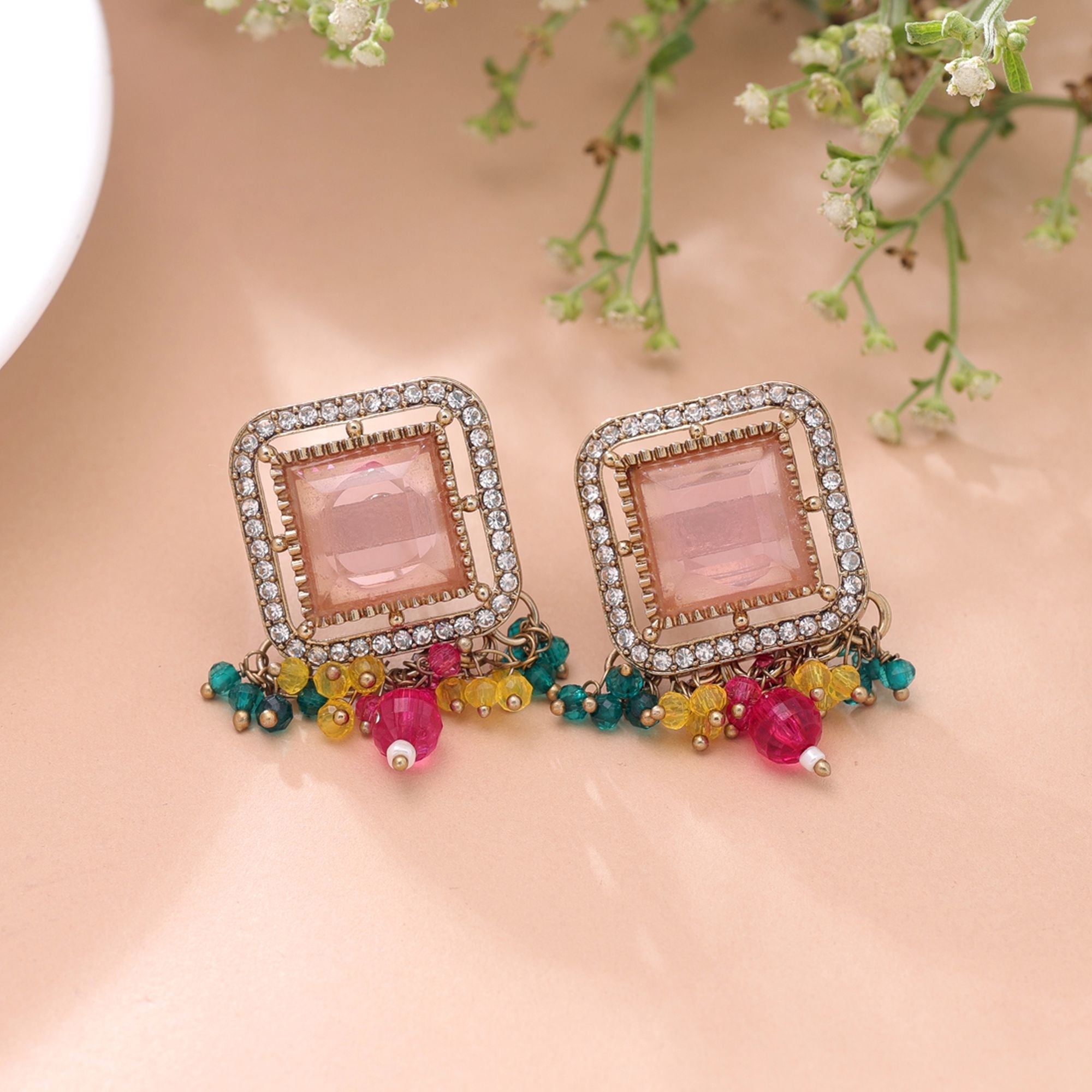 Pink & Rani Color Kundan Earrings Ethnic Fashion Style