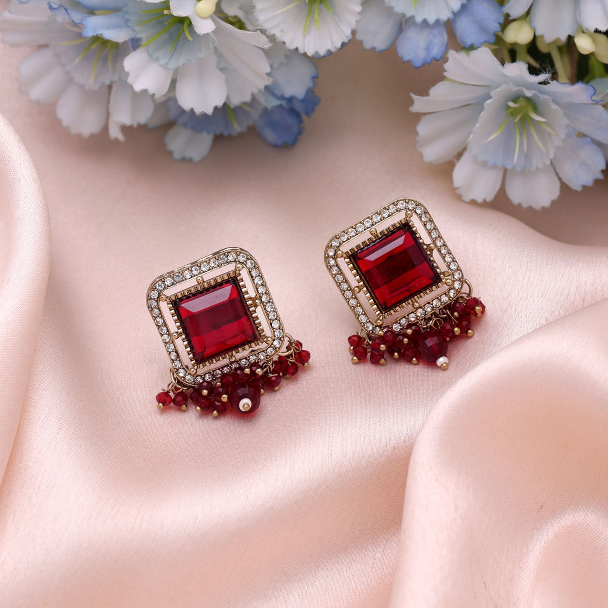 Red Color Kundan Earrings Traditional Jewelry Style