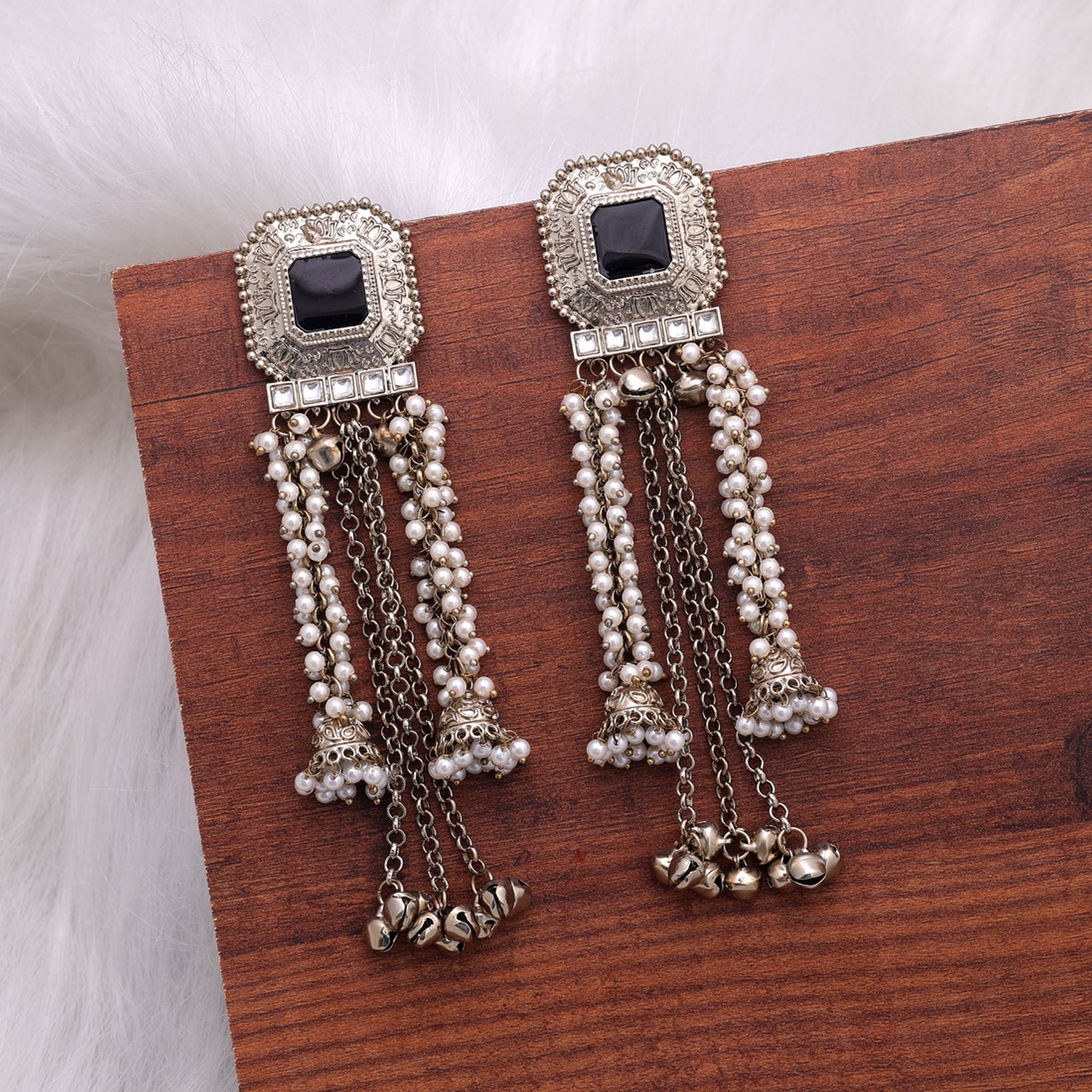 Black Color Kashmiri Kundan Earrings Ethnic Designer Finish
