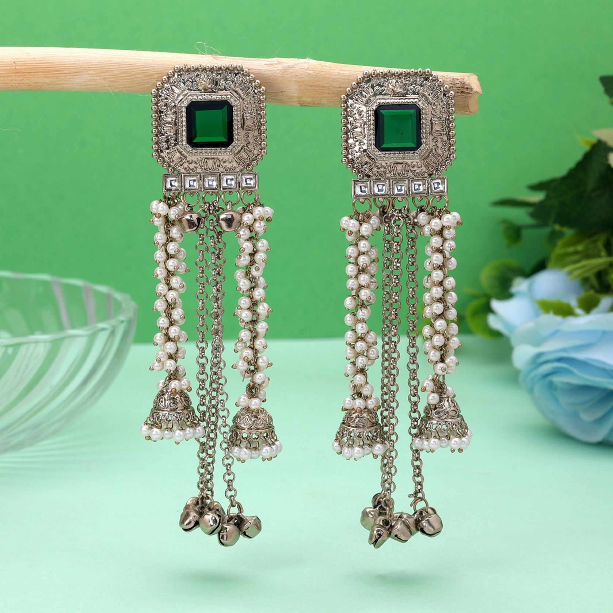 Green Color Kashmiri Kundan Earrings Festive Jewelry Style