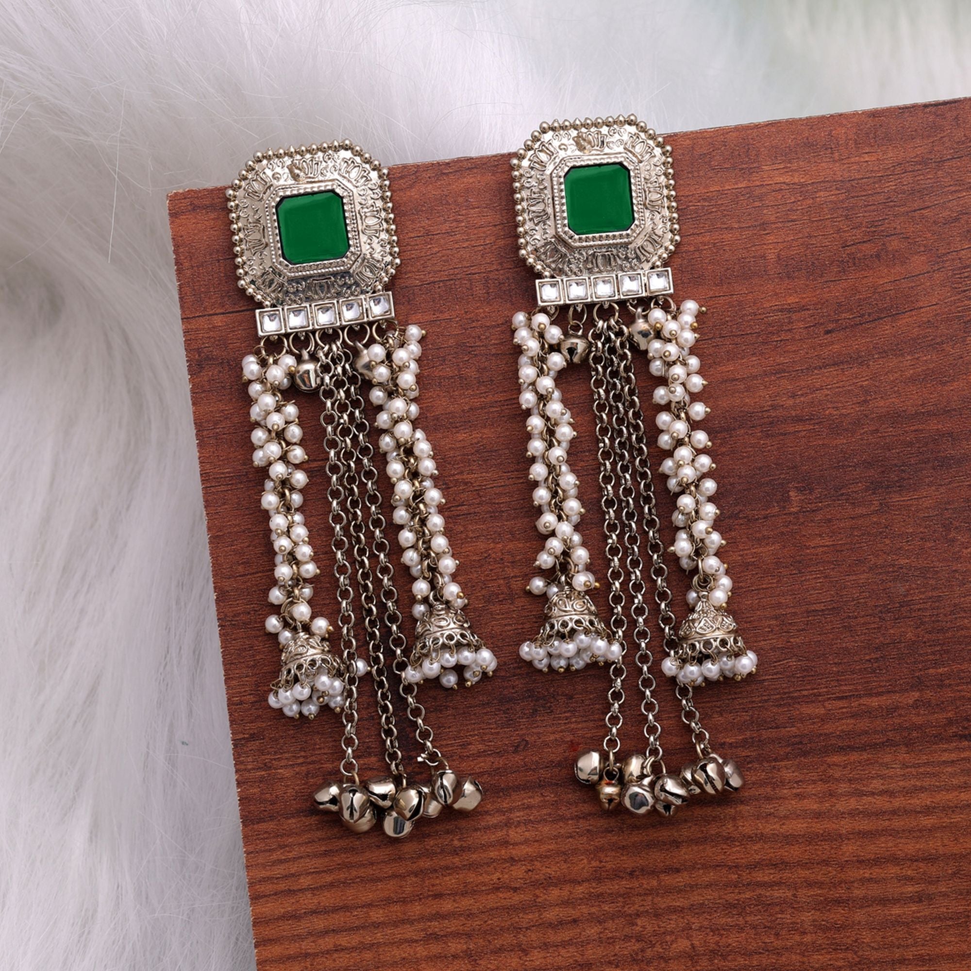 Green Color Kashmiri Kundan Earrings Festive Jewelry Style