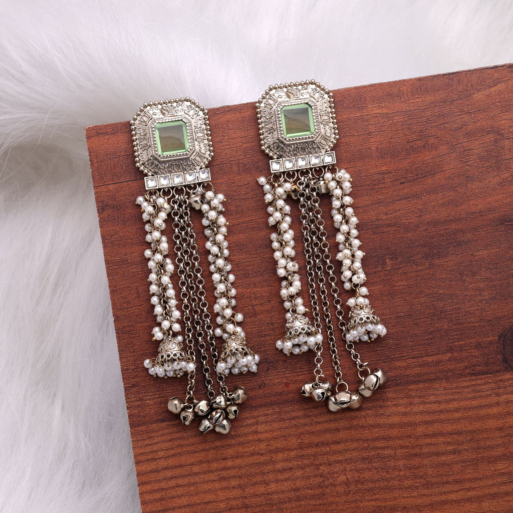 Light Green Color Kashmiri Kundan Earrings Designer Style