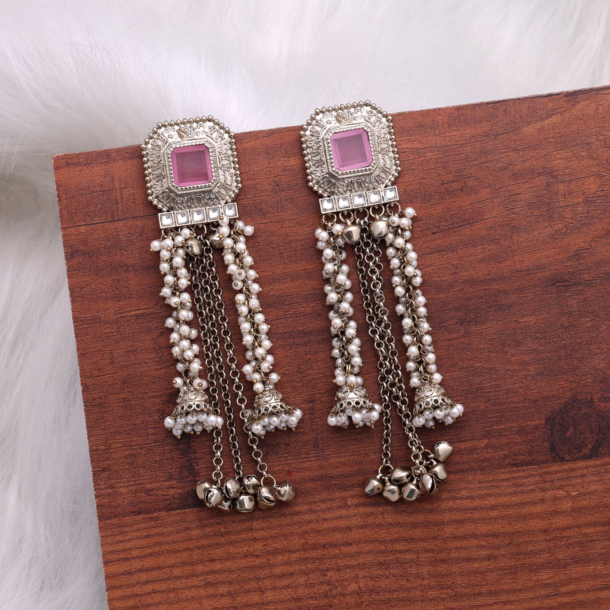 Light Pink Color Kashmiri Kundan Earrings Traditional Jewelry Finish